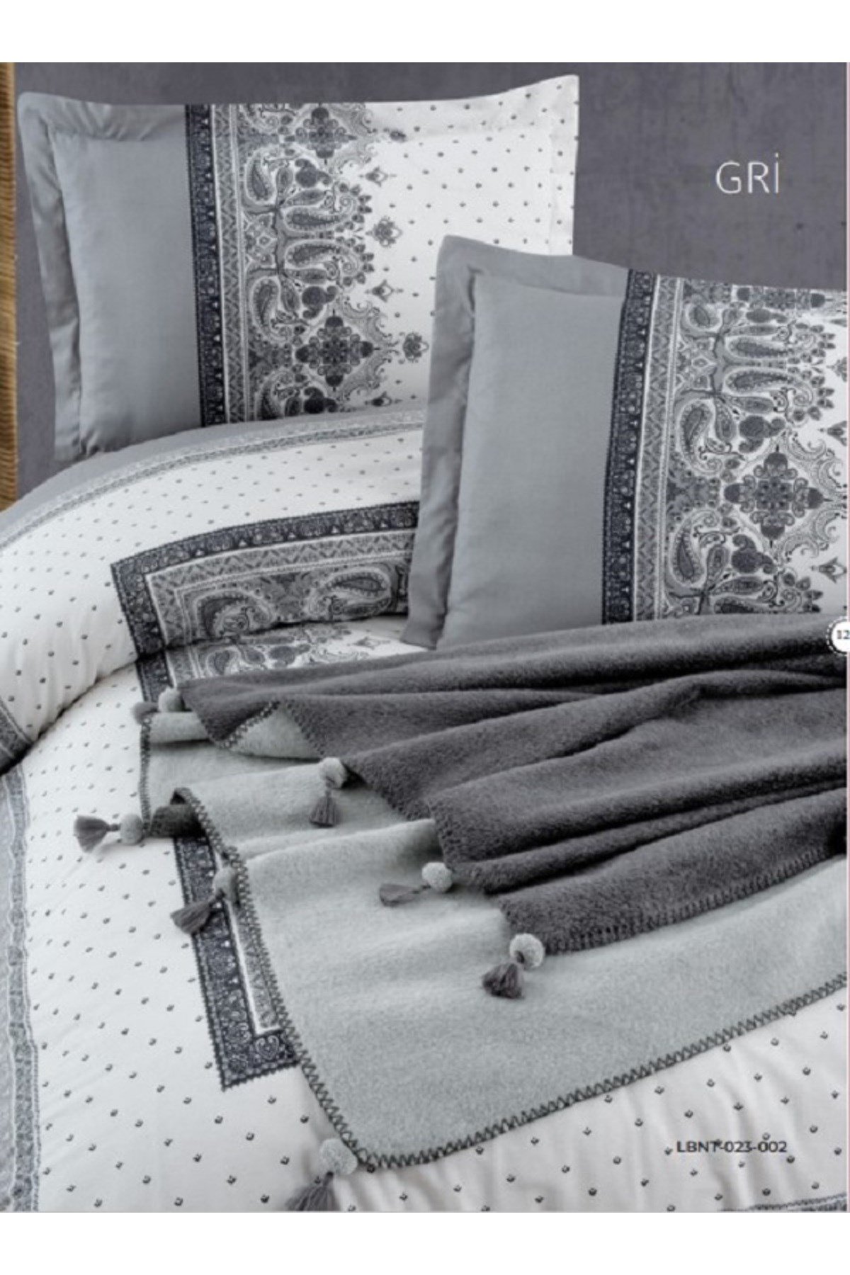 Sherpa Comforter Püsküllü Battaniyeli Çift Kişilik Nevresim Takımı Gri