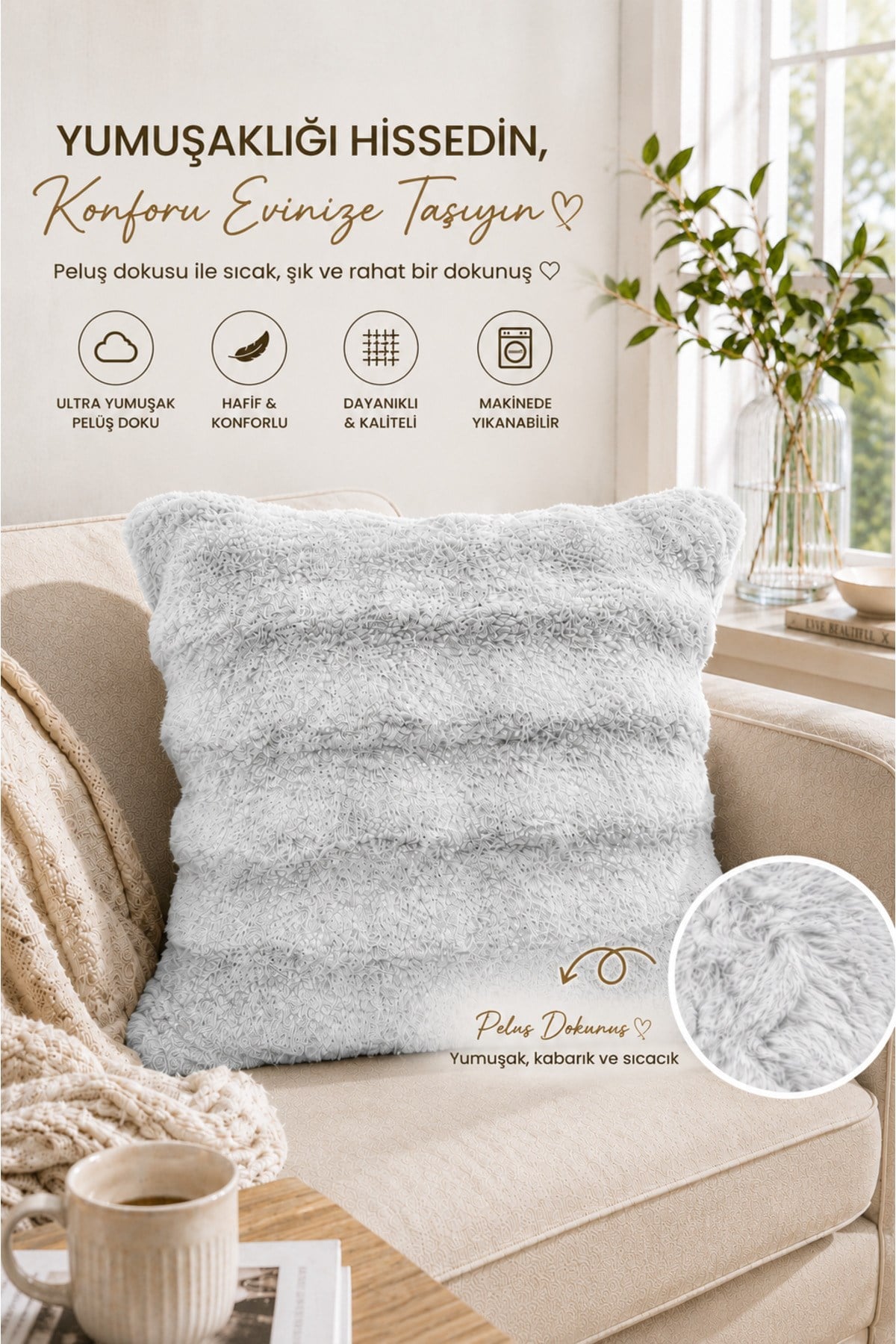 Tavşan Tüyü Kırlent Kılıfı 2'li Set | 45x45 cm | Peluş Yumuşak Dokulu | Dekoratif, Modern ve Şık Tasarım