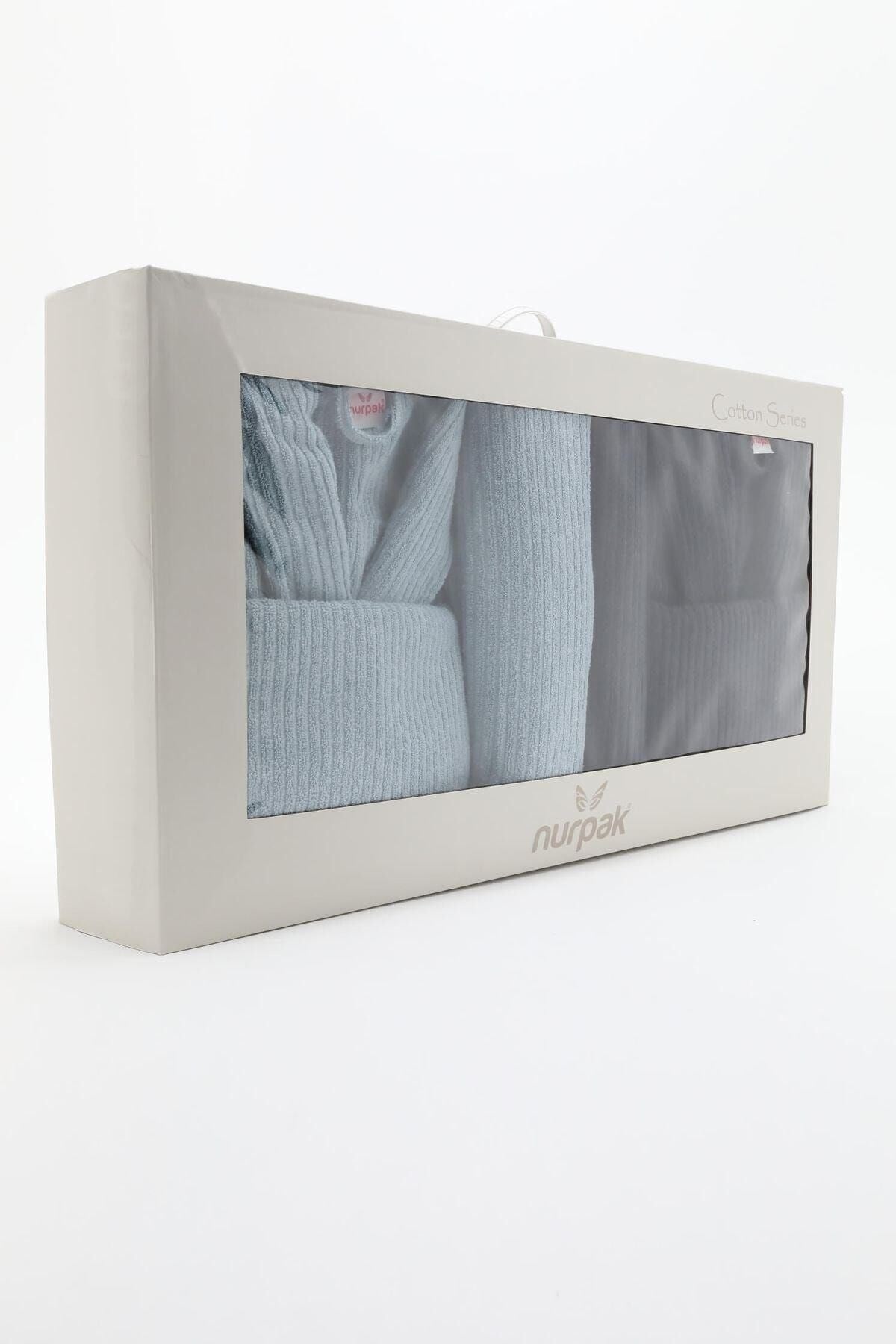 Unisex Pamuklu Aile Bornoz Seti - Antrasit - Mint