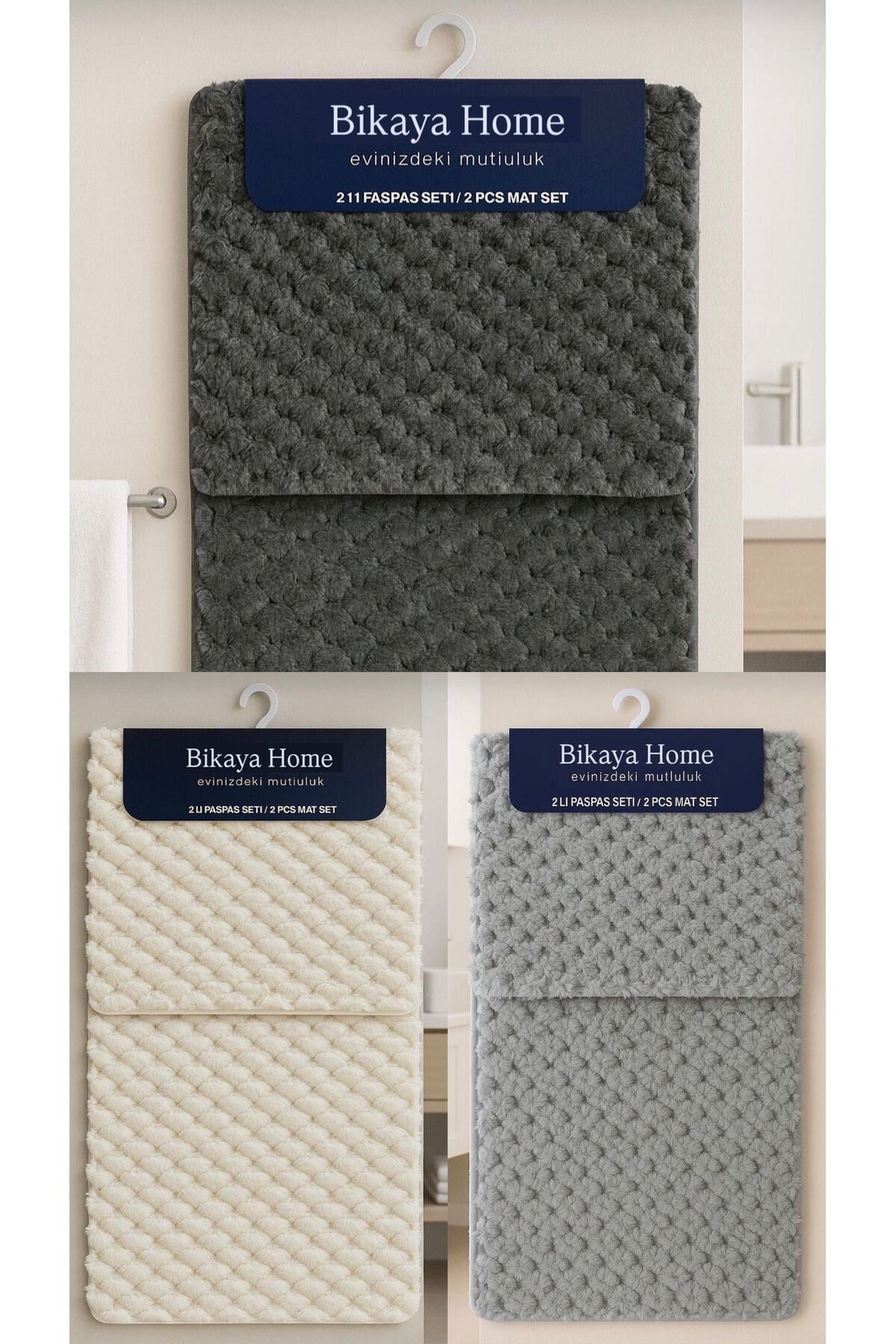 Yıkanabilir Kaymaz Dot Taban - 2'li Petek Desen Puffy Klozet Takımı - 60x100 cm 50x60 cm