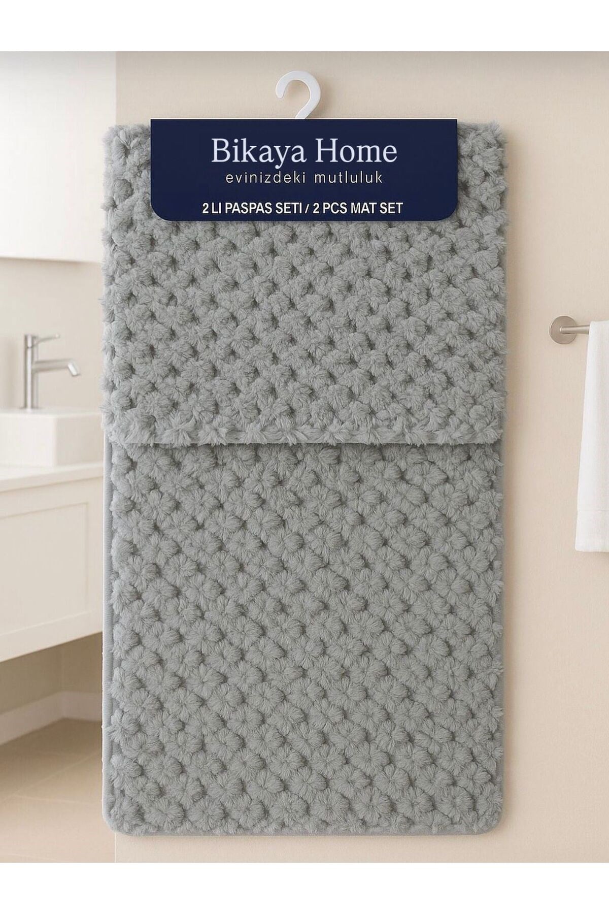 Yıkanabilir Kaymaz Dot Taban - 2'li Petek Desen Puffy Klozet Takımı - 60x100 cm 50x60 cm