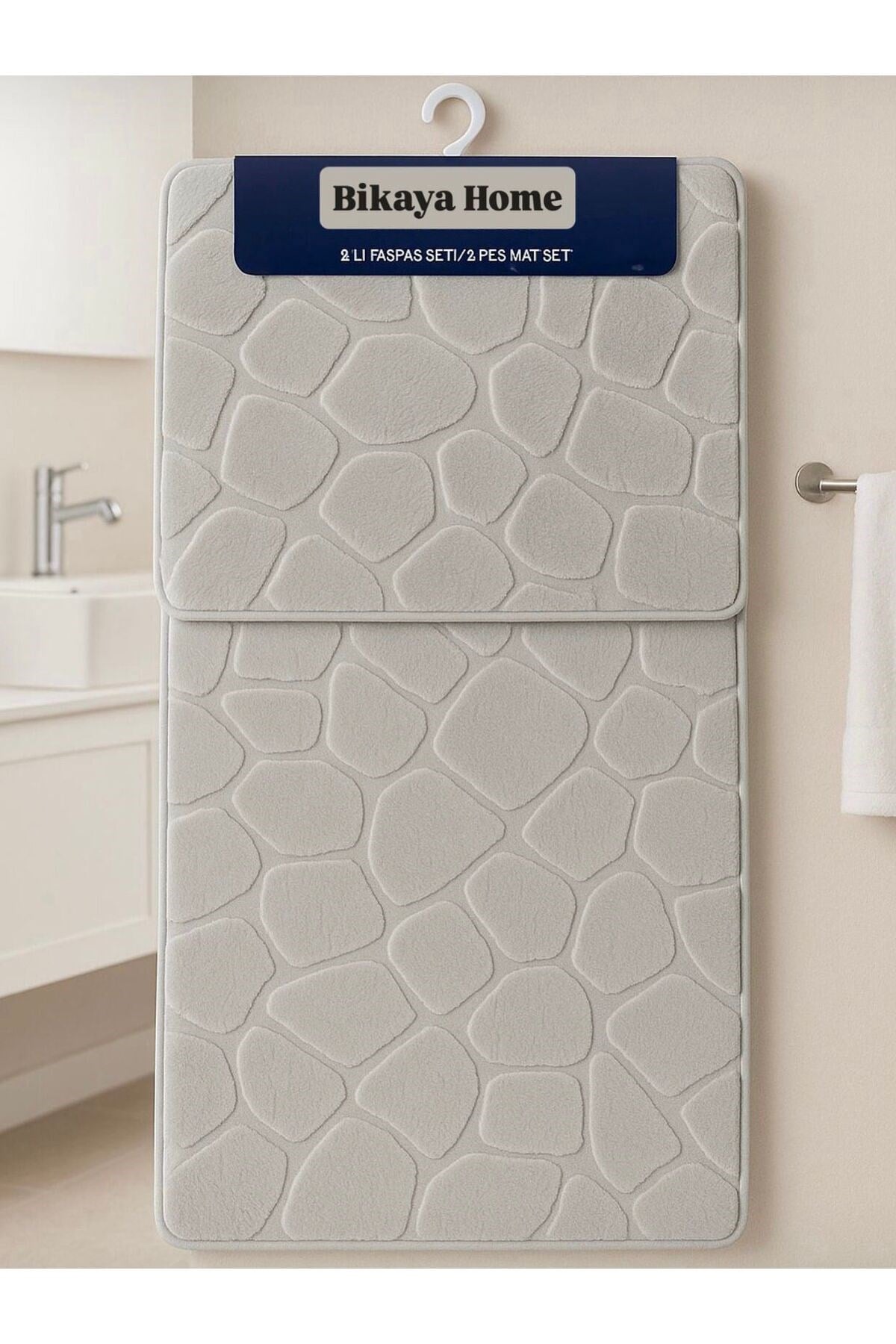 Yıkanabilir Kaymaz Dot Taban - 2'li Taş Desen Puffy Klozet Takımı - 60x100 cm 50x60 cm