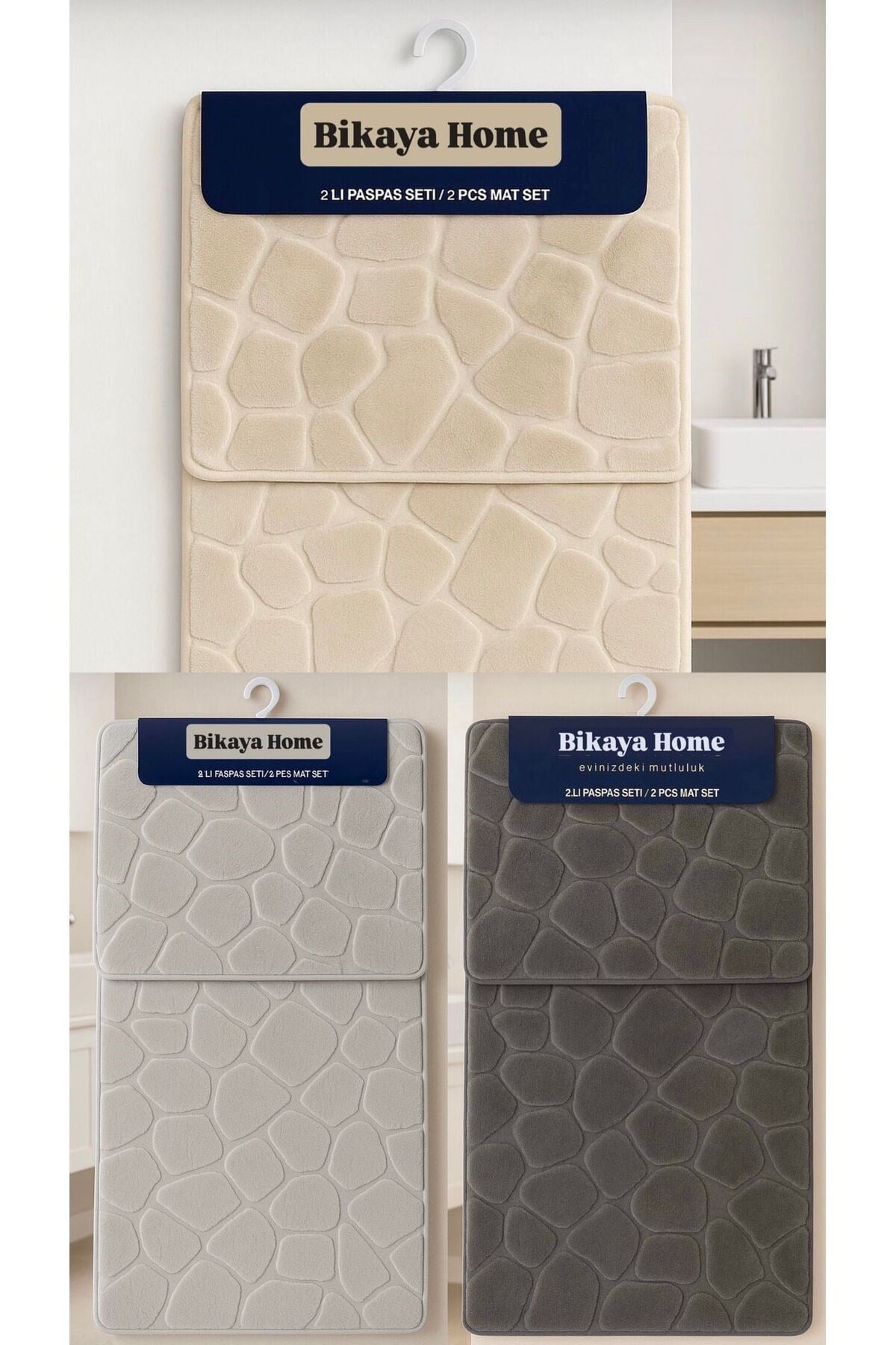 Yıkanabilir Kaymaz Dot Taban - 2'li Taş Desen Puffy Klozet Takımı - 60x100 cm 50x60 cm