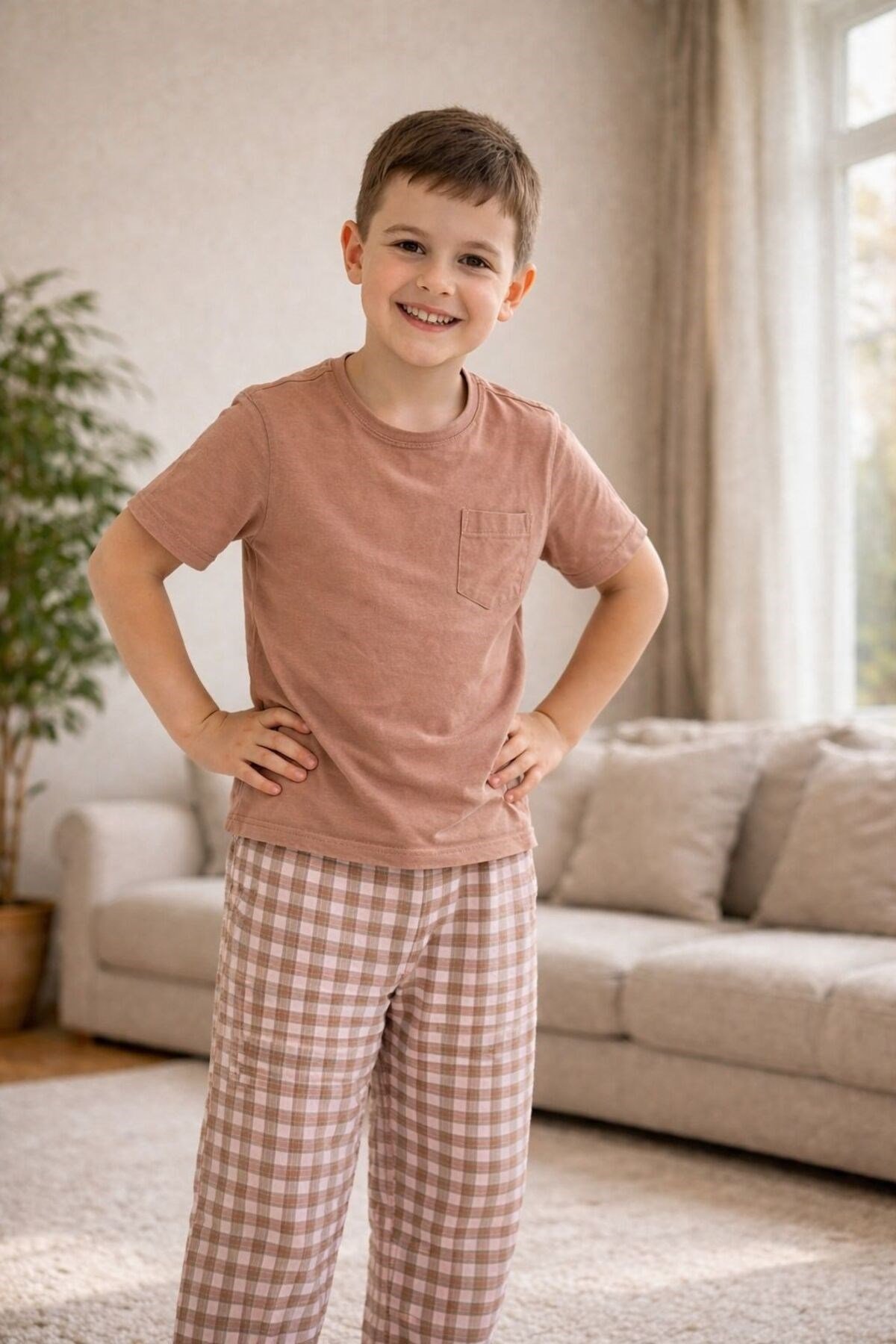 Açık Kahverengi Kısa Kol Baba-Oğul Cepli Pijama Takım
