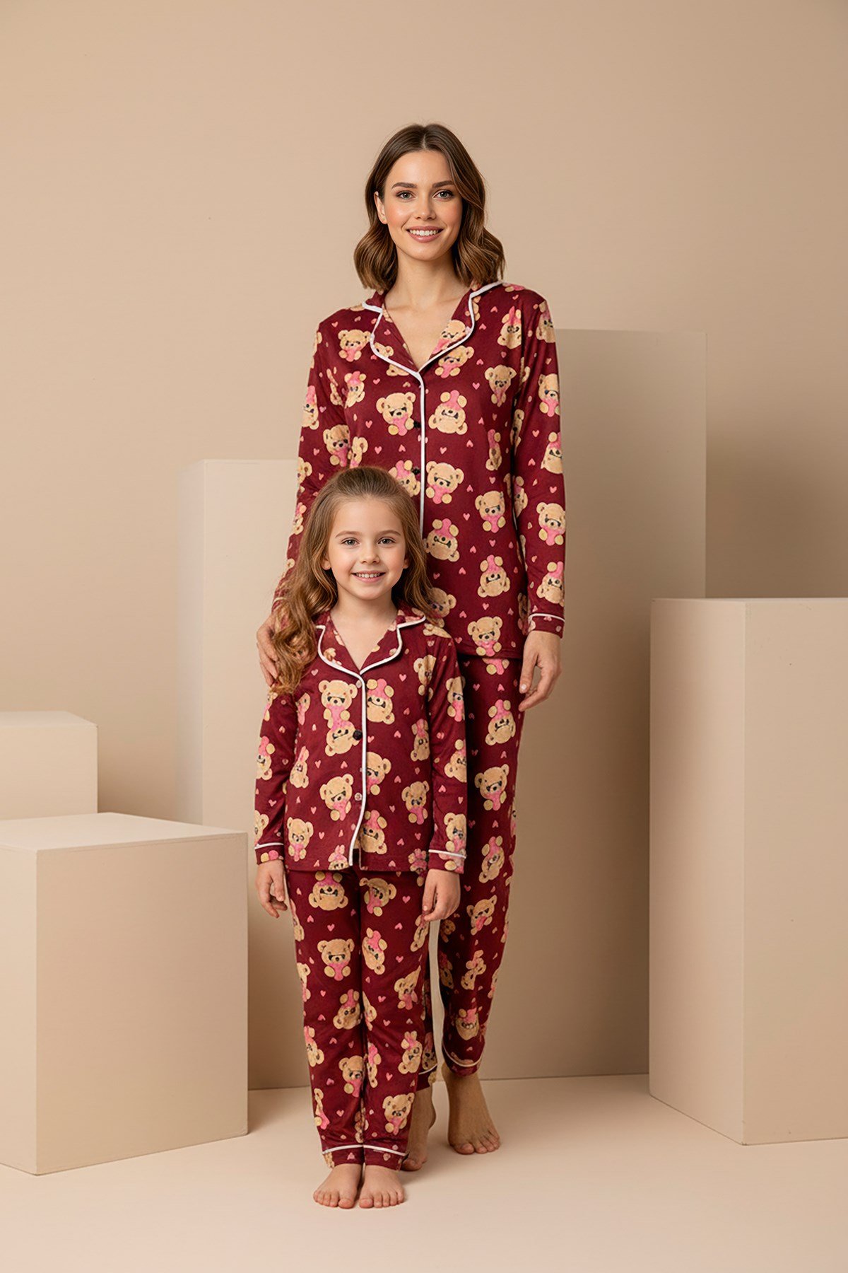 Anne-Kız Ayıcık Desenli Düğmeli Örme Uzun Kollu Pijama Takımı