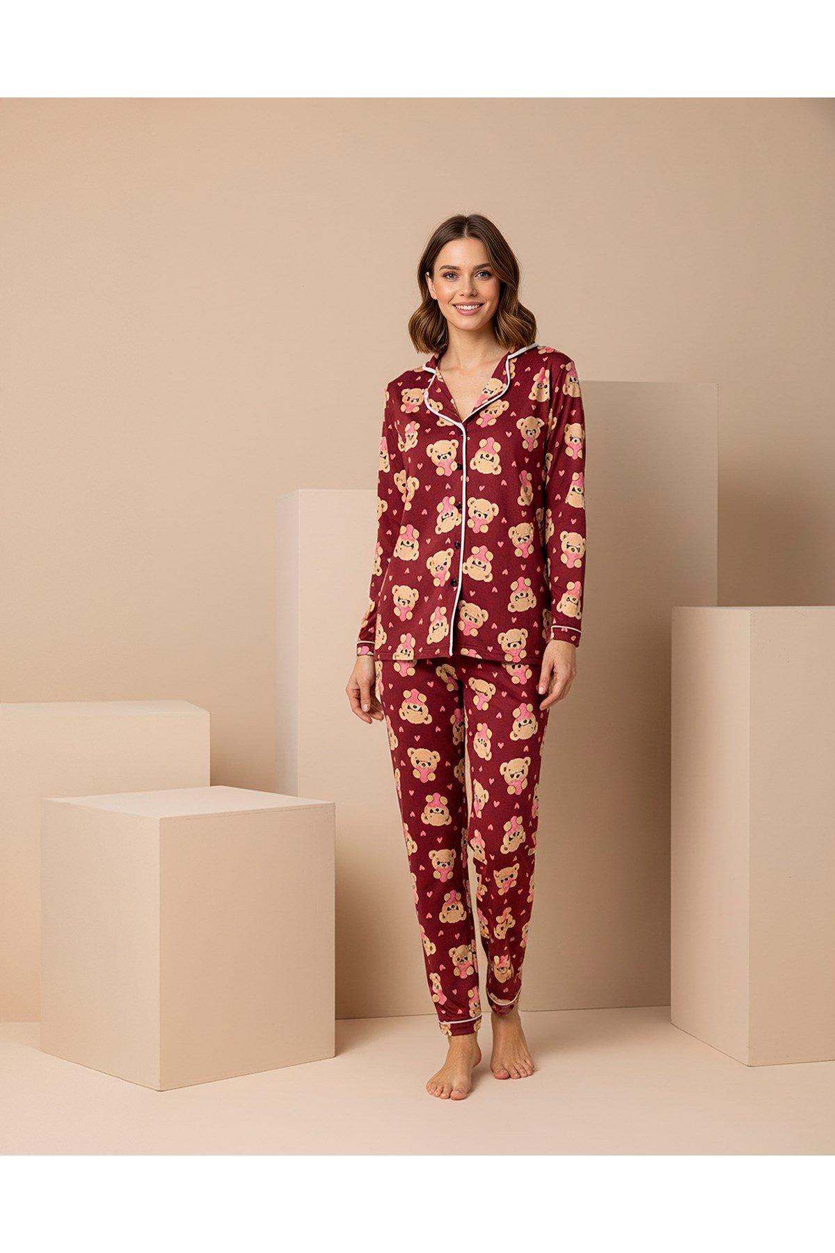 Anne-Kız Ayıcık Desenli Düğmeli Örme Uzun Kollu Pijama Takımı