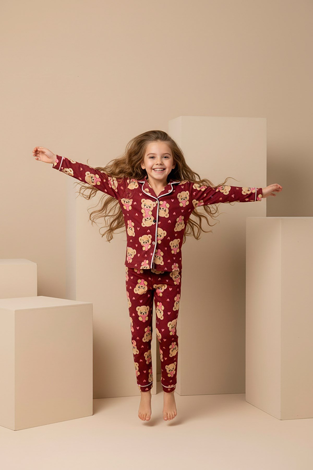 Anne-Kız Ayıcık Desenli Düğmeli Örme Uzun Kollu Pijama Takımı