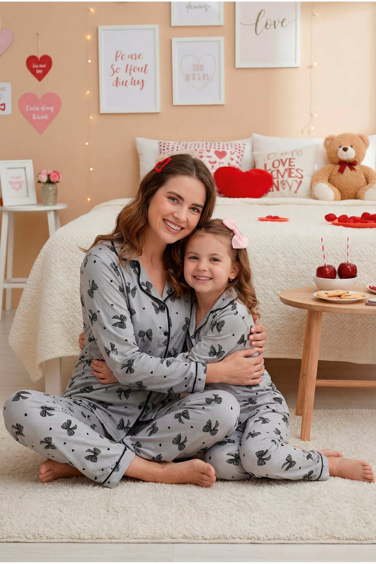 Anne-Kız Gri Fiyonk Desenli Düğmeli Örme Uzun Kollu Pijama Takımı