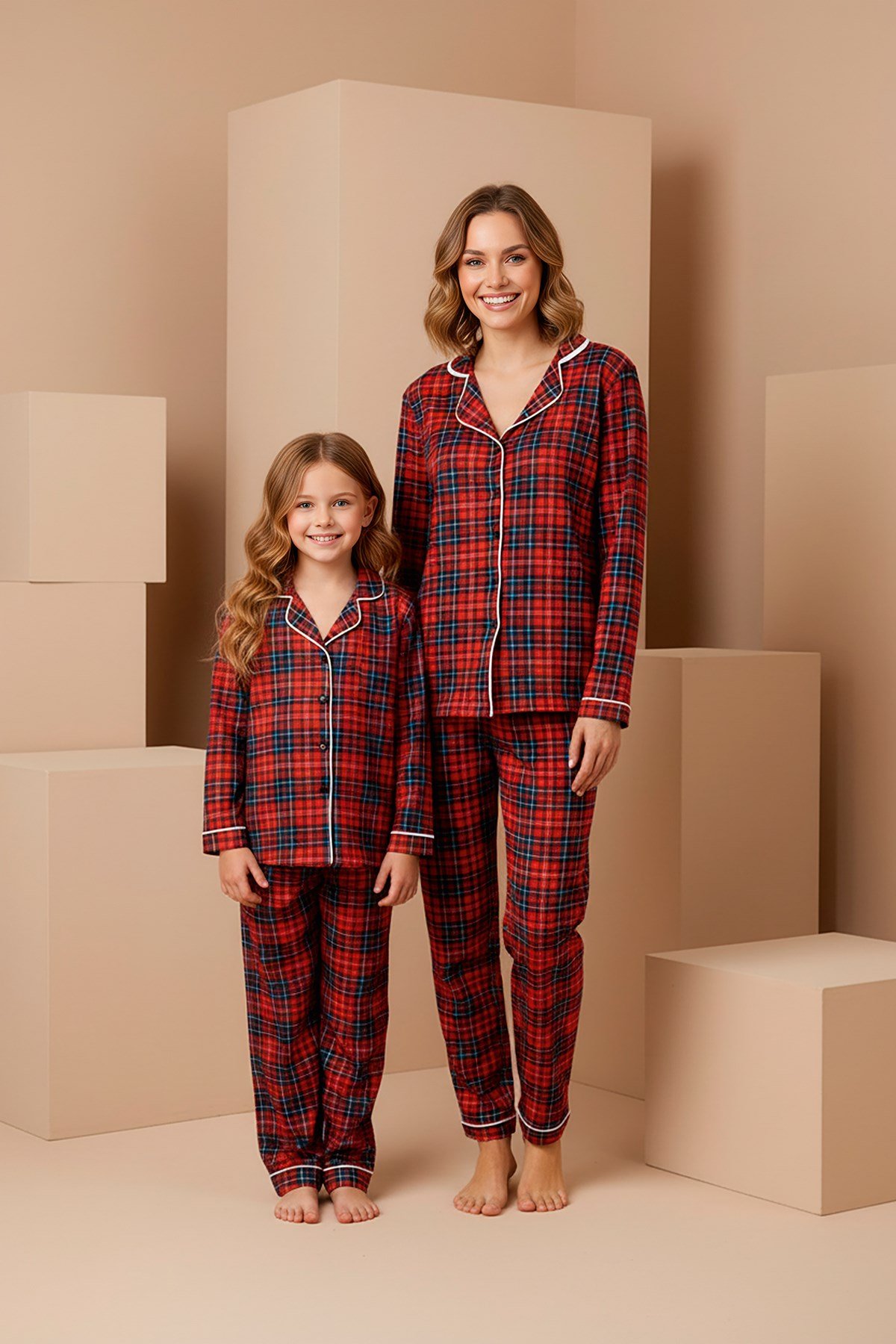 Anne-Kız Kırmızı Ekose Desenli Örme Düğmeli Uzun Kollu Pijama Takımı