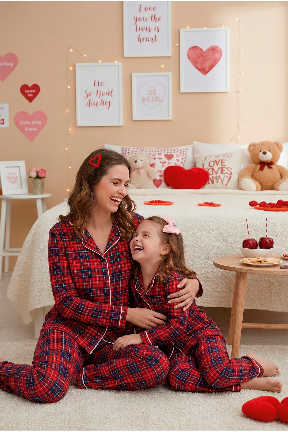 Anne-Kız Kırmızı Ekose Desenli Örme Düğmeli Uzun Kollu Pijama Takımı