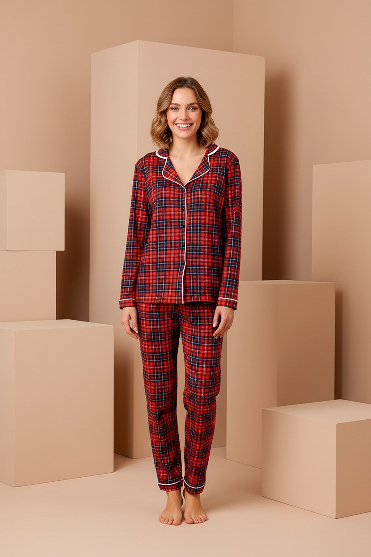 Anne-Kız Kırmızı Ekose Desenli Örme Düğmeli Uzun Kollu Pijama Takımı