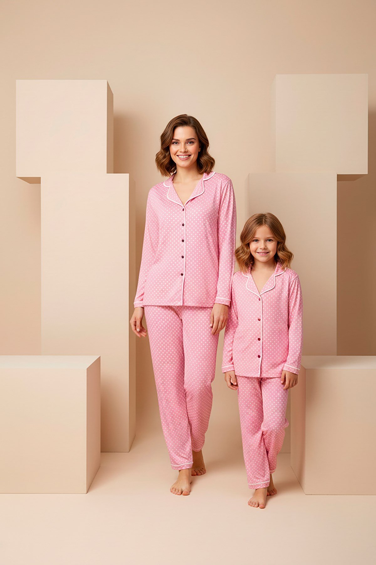 Anne-Kız Puantiye Desenli Örme Düğmeli Uzun Kollu Pijama Takımı