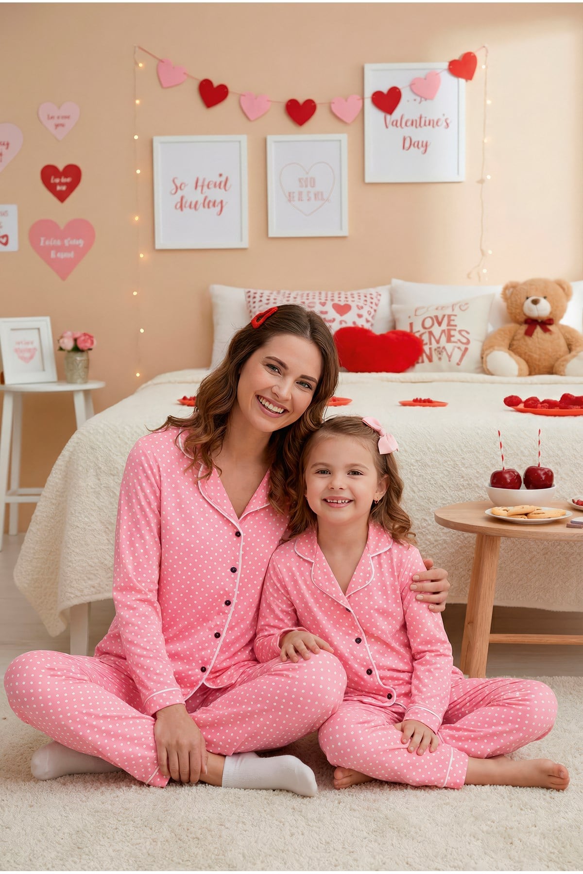 Anne-Kız Puantiye Desenli Örme Düğmeli Uzun Kollu Pijama Takımı