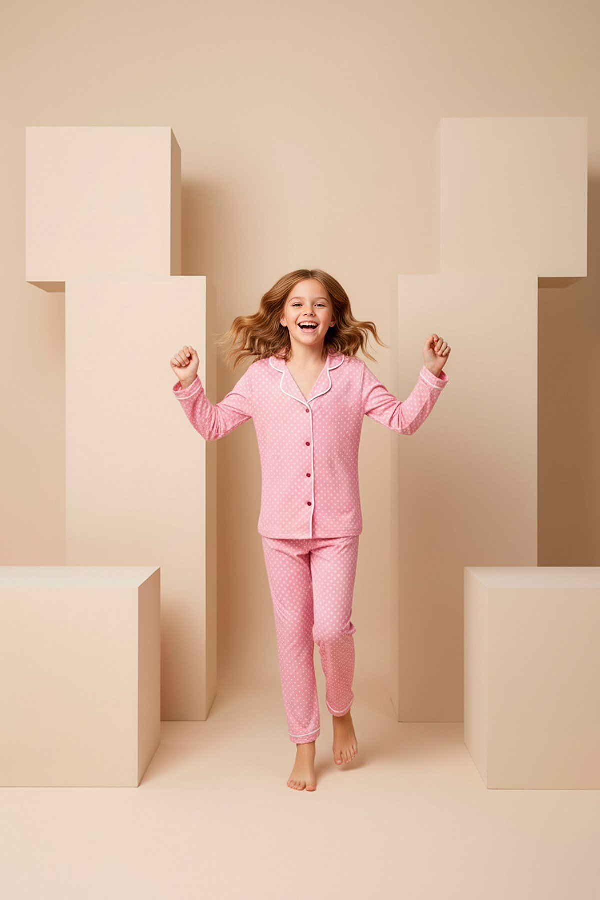 Anne-Kız Puantiye Desenli Örme Düğmeli Uzun Kollu Pijama Takımı