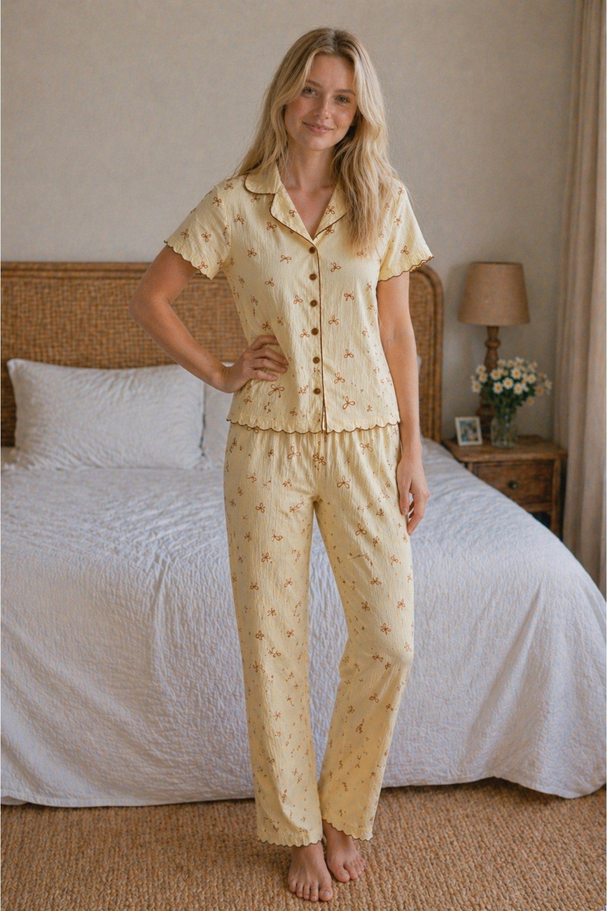 Bürümcük Kumaş Düğmeli Baby Overlok Sarı Fiyonk Desenli Pijama Takım