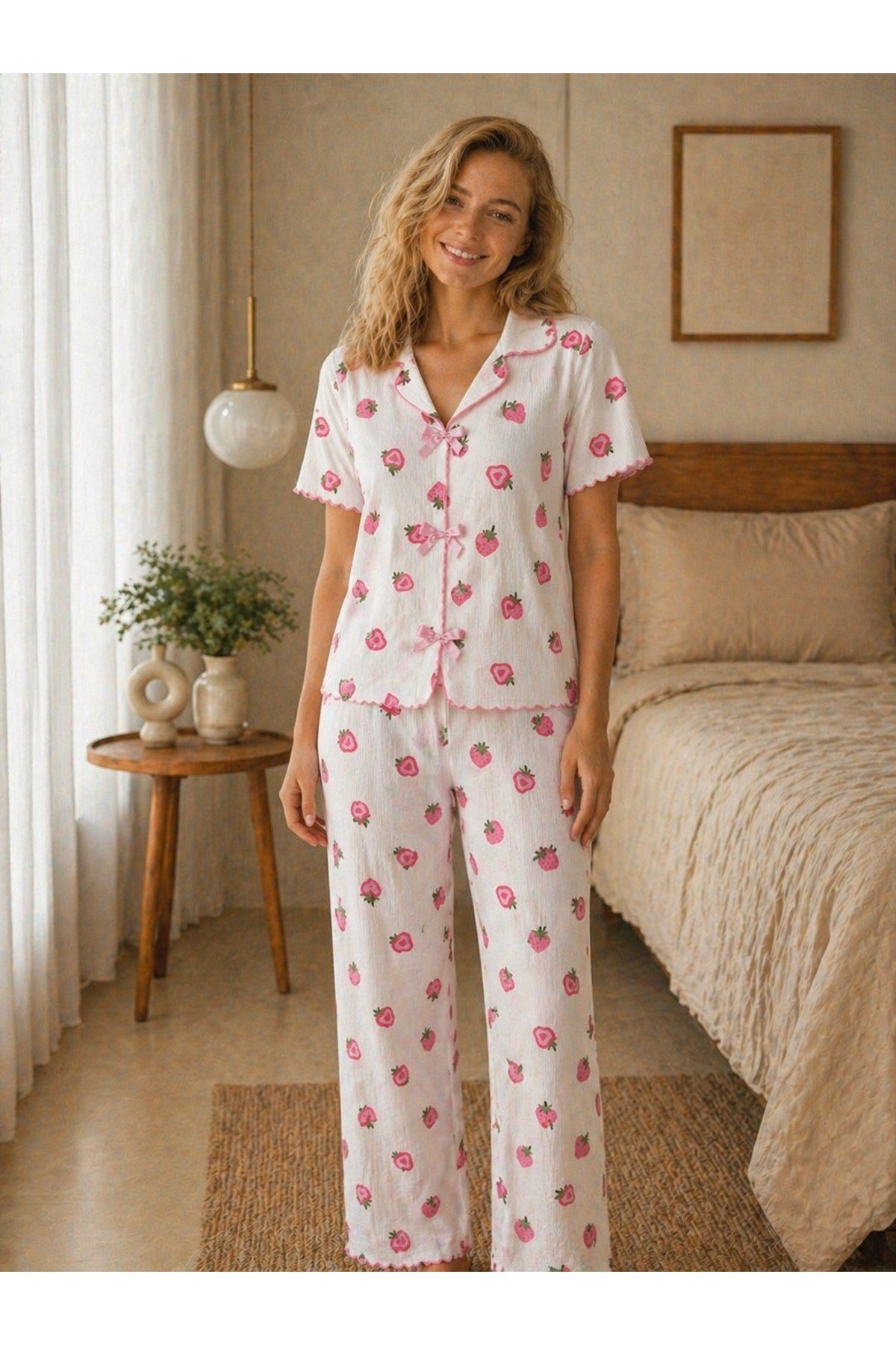 Bürümcük Kumaş Fiyonklu Baby Overlok Çilek Desenli Pijama Takım
