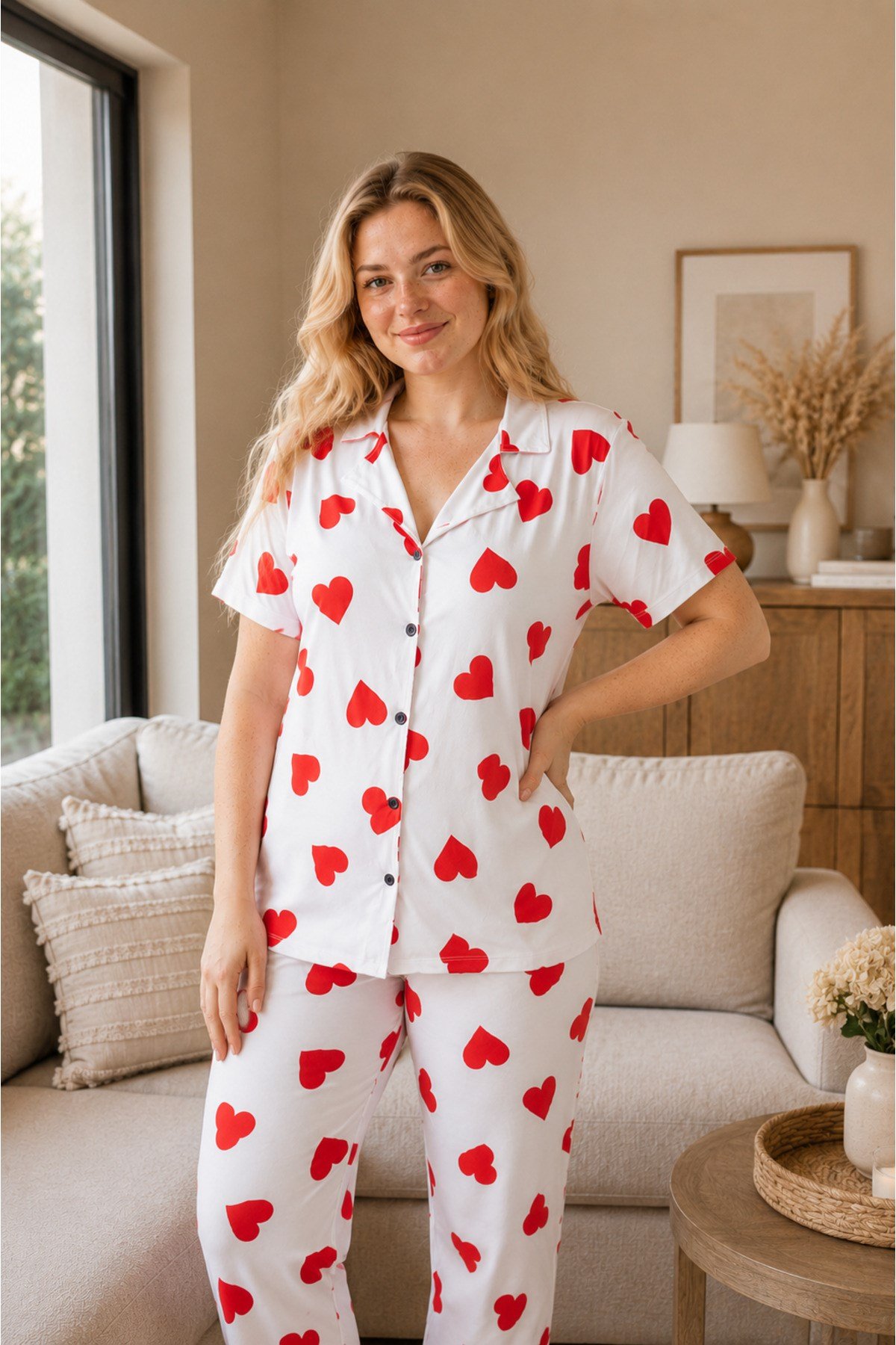 Büyük Beden Kalp Desenli MİLAN Düğmeli Pijama Takımı