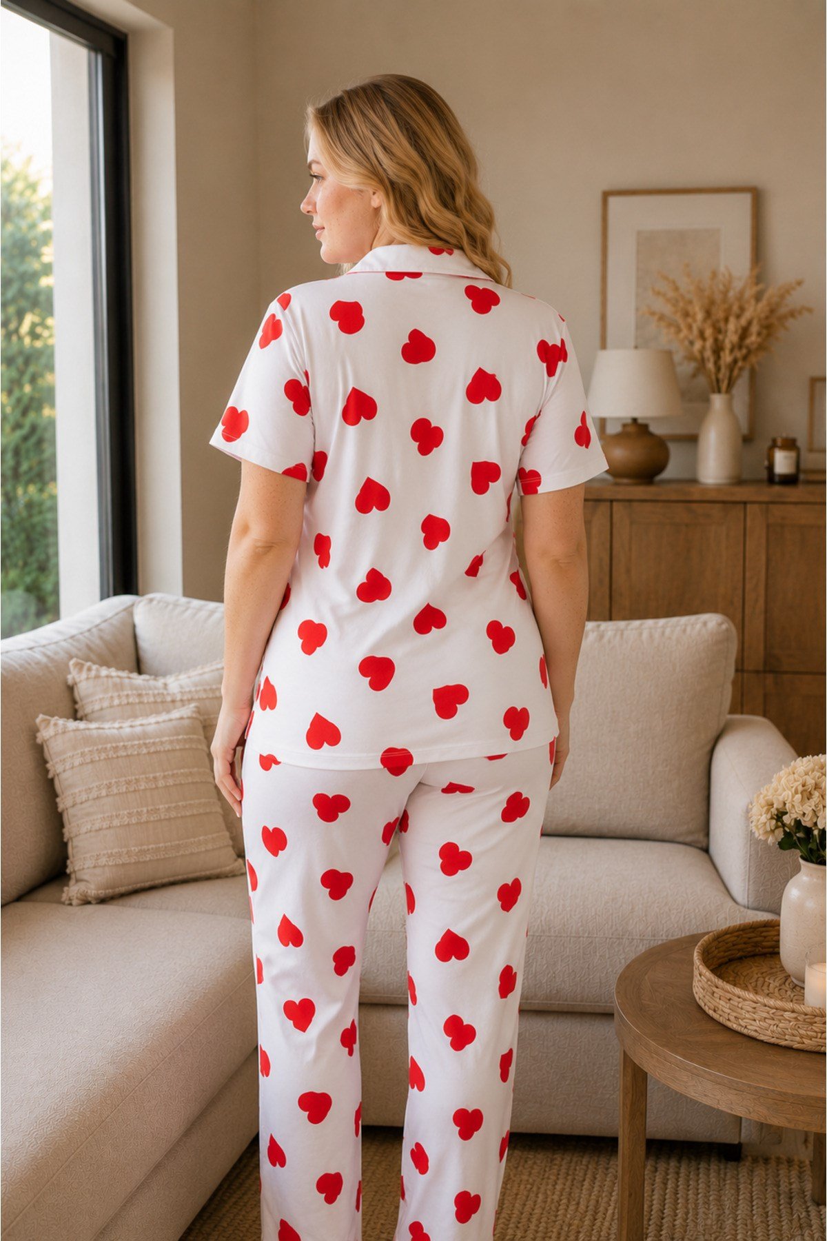 Büyük Beden Kalp Desenli MİLAN Düğmeli Pijama Takımı
