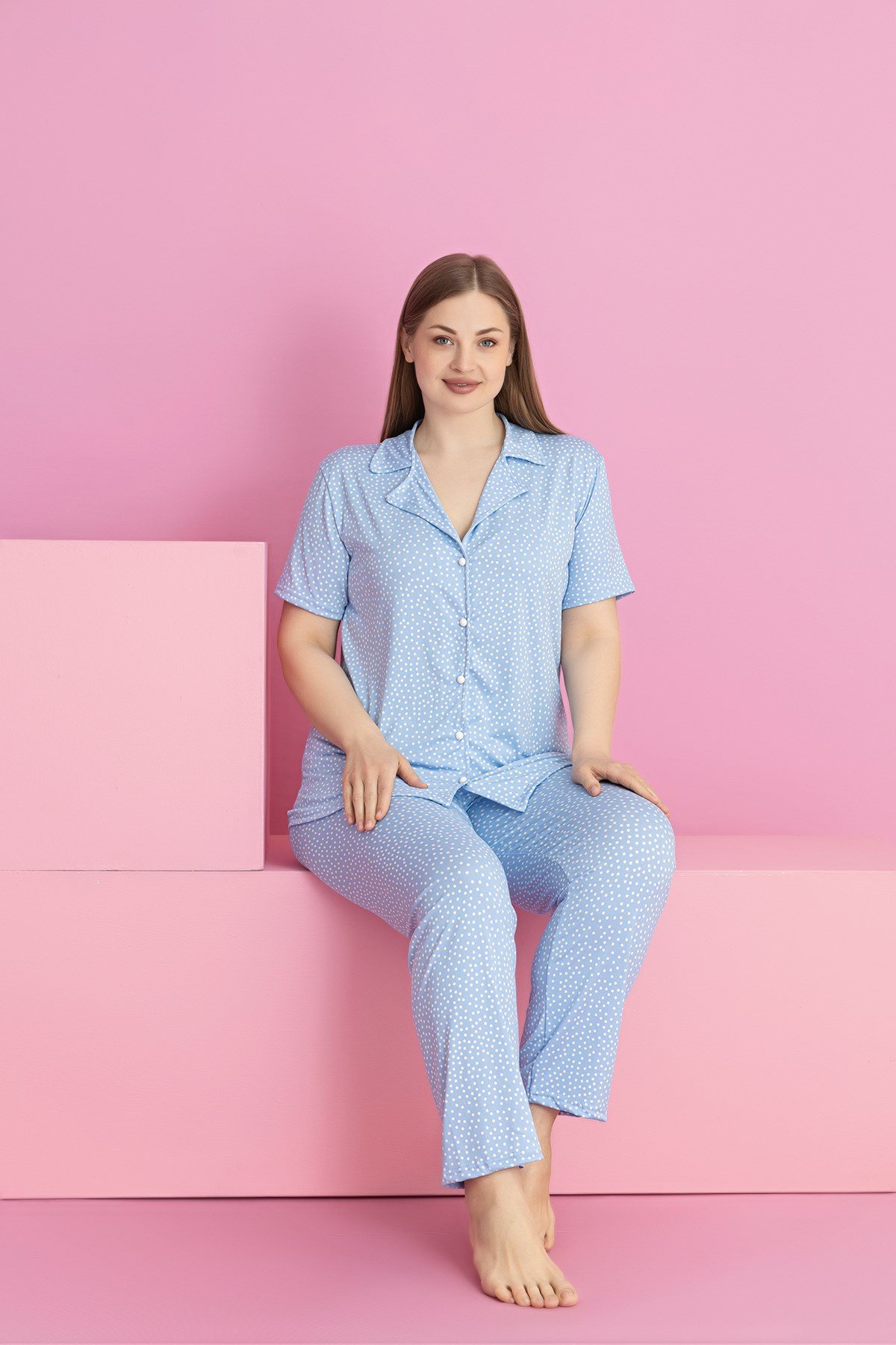 Büyük Beden MAVI PUANTIYE DESEN MİLAN Düğmeli Pijama Takımı
