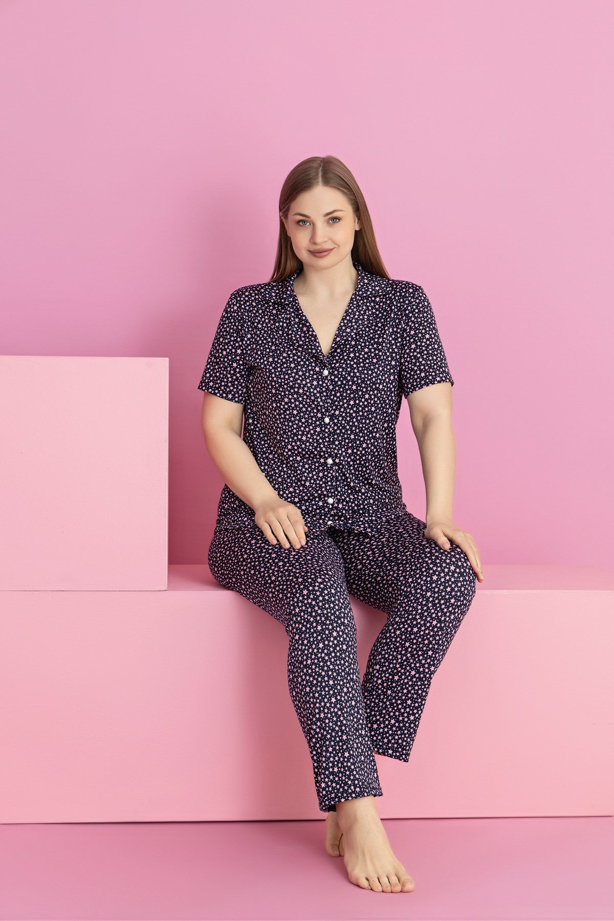 Büyük Beden Minik Yıldız Desen Milan Düğmeli Pijama Takımı