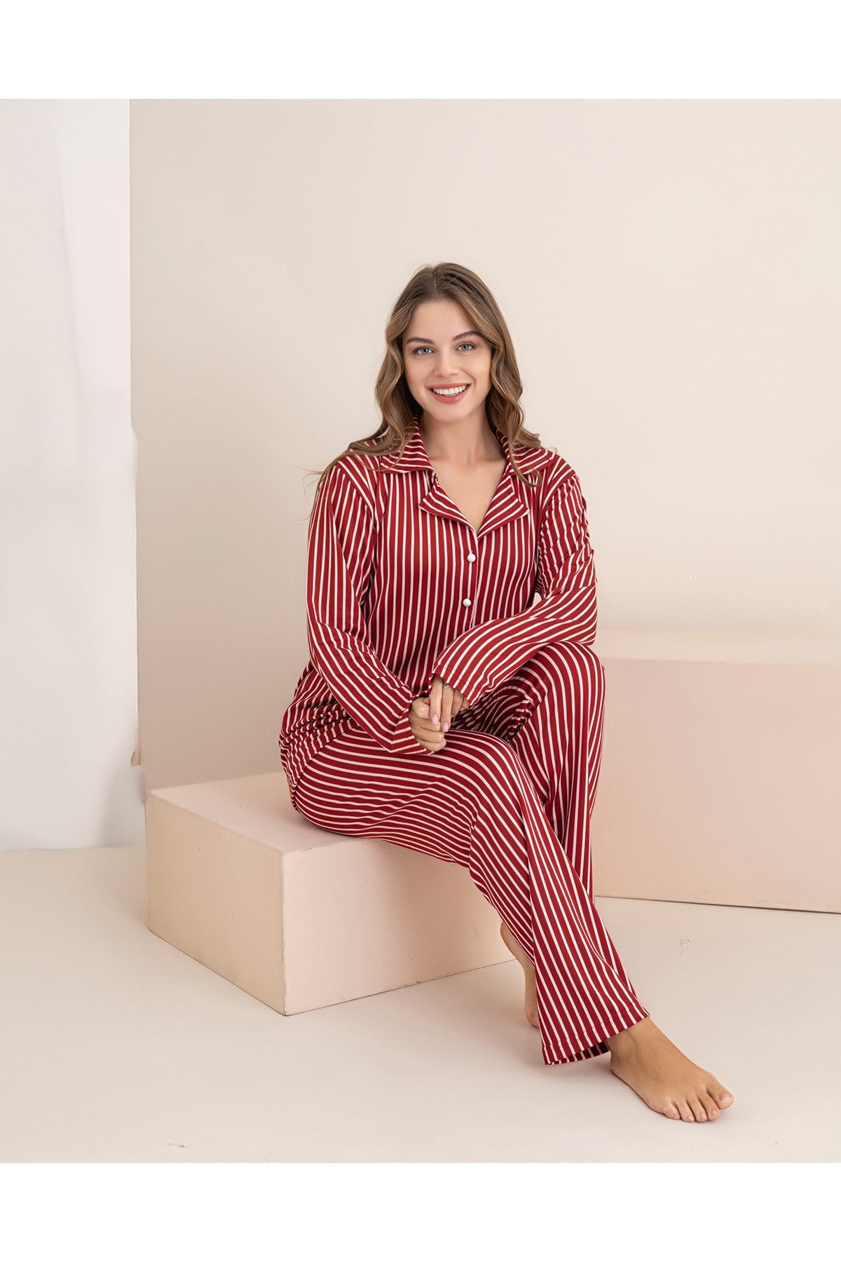 DUGMELI KADIN PIJAMA TAKIMI MILAN ORME CIZGILI