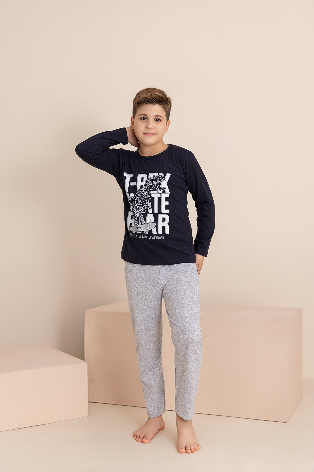 Erkek Çocuk Pijama Takımı Baskılı Uzun Kollu Üst Uzun Alt