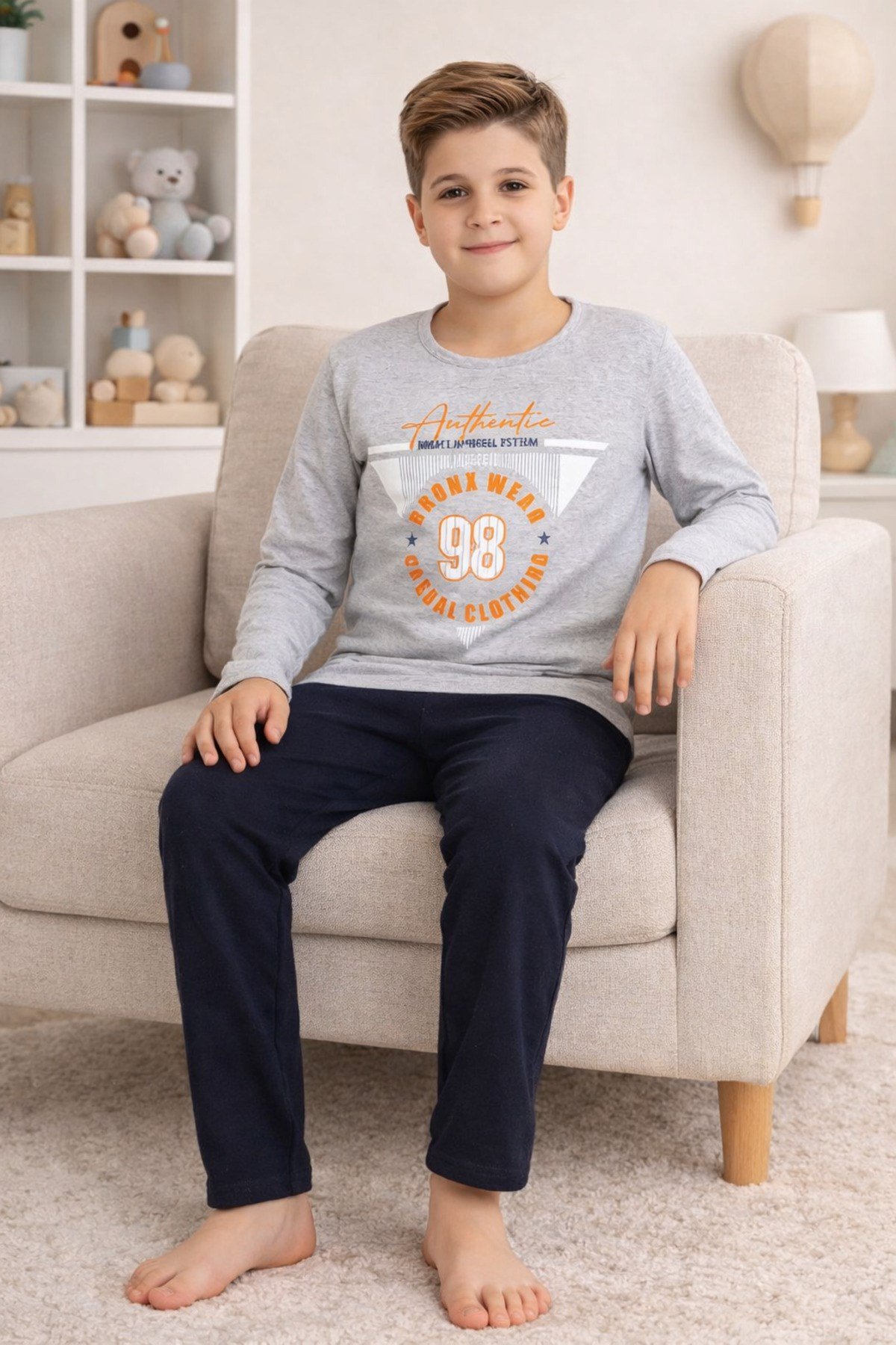 Erkek Çocuk Pijama Takımı Baskılı Uzun Kollu Üst Uzun Alt