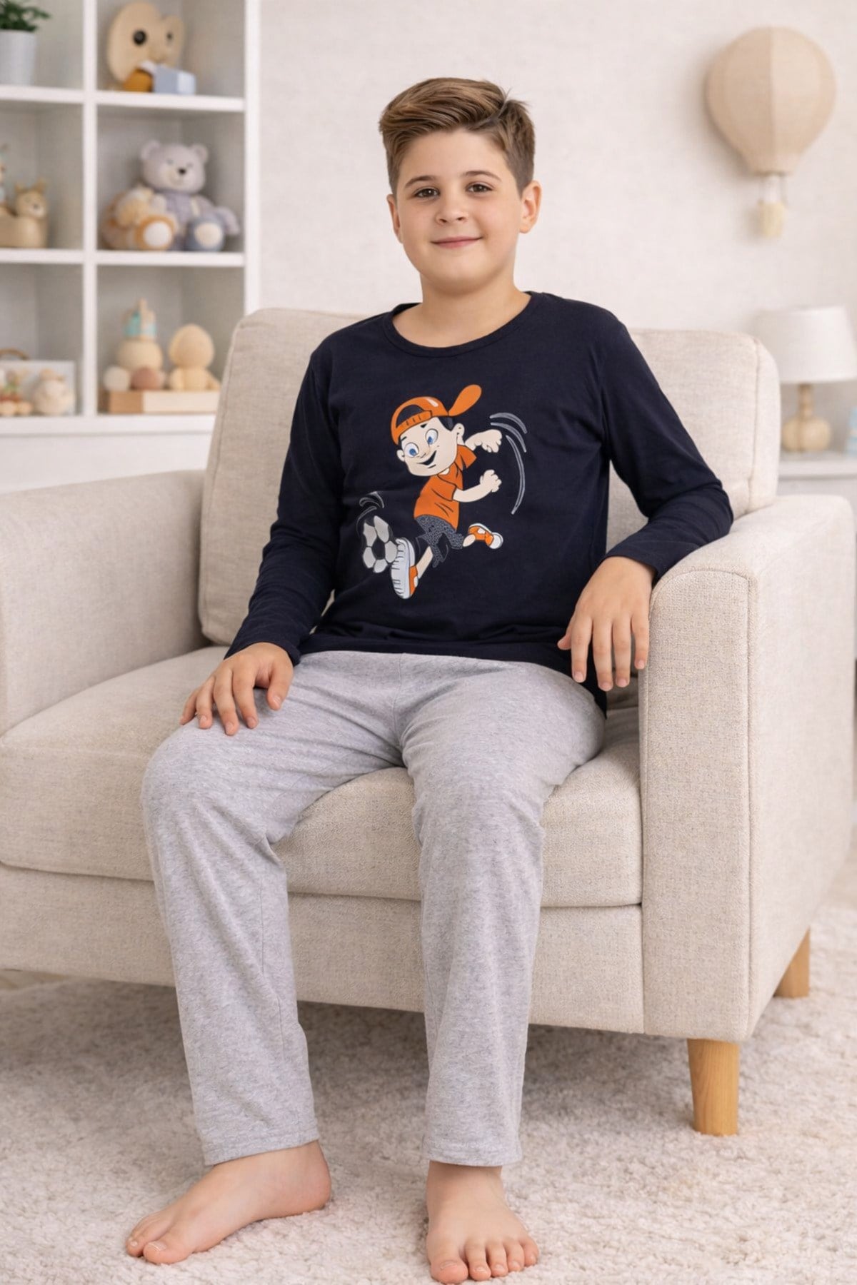 Erkek Çocuk Pijama Takımı Baskılı Uzun Kollu Üst Uzun Alt