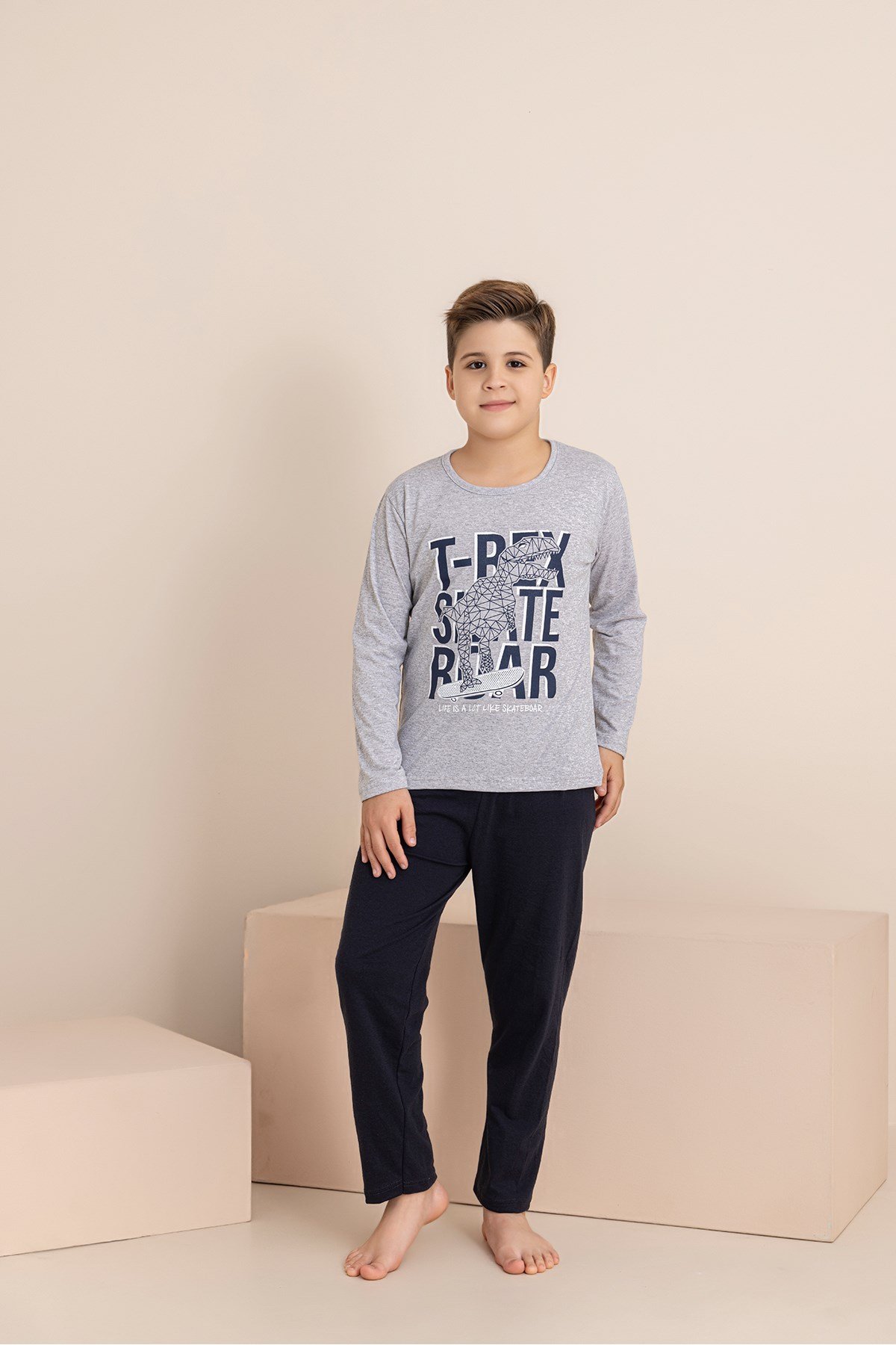 Erkek Çocuk Pijama Takımı Baskılı Uzun Kollu Üst Uzun Alt