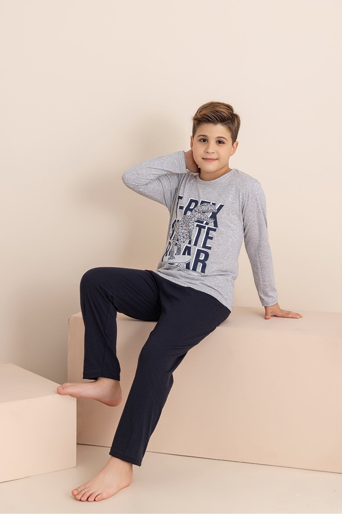 Erkek Çocuk Pijama Takımı Baskılı Uzun Kollu Üst Uzun Alt