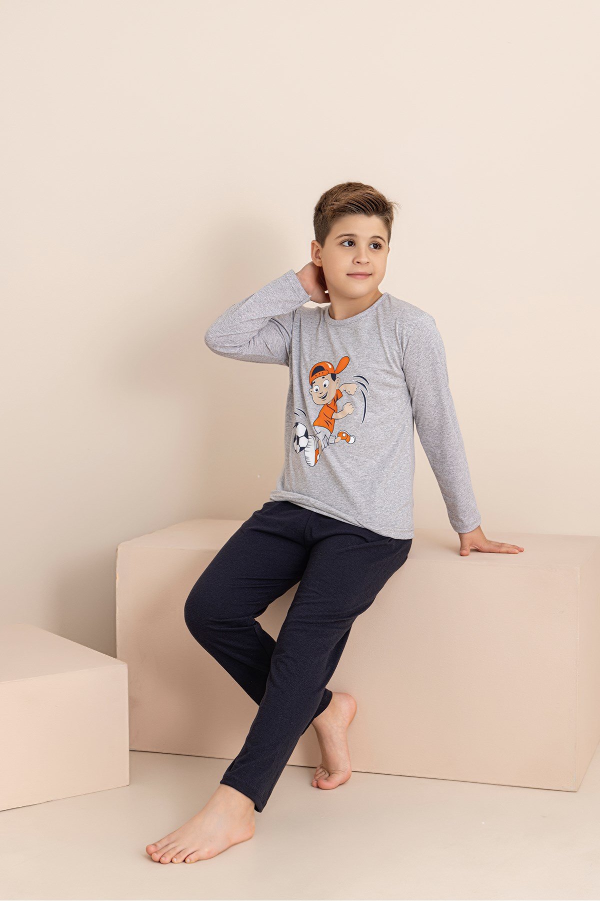 Erkek Çocuk Pijama Takımı Baskılı Uzun Kollu Üst Uzun Alt