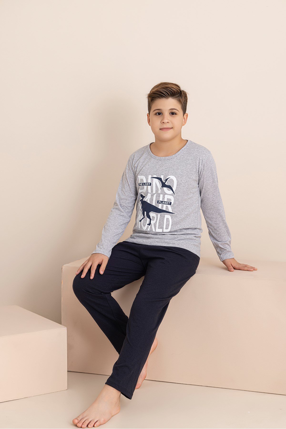Erkek Çocuk Pijama Takımı Baskılı Uzun Kollu Üst Uzun Alt