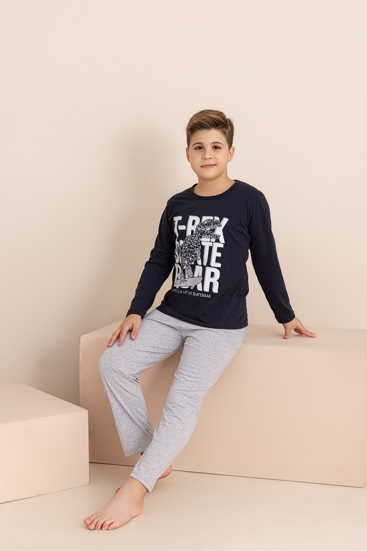 Erkek Çocuk Pijama Takımı Baskılı Uzun Kollu Üst Uzun Alt