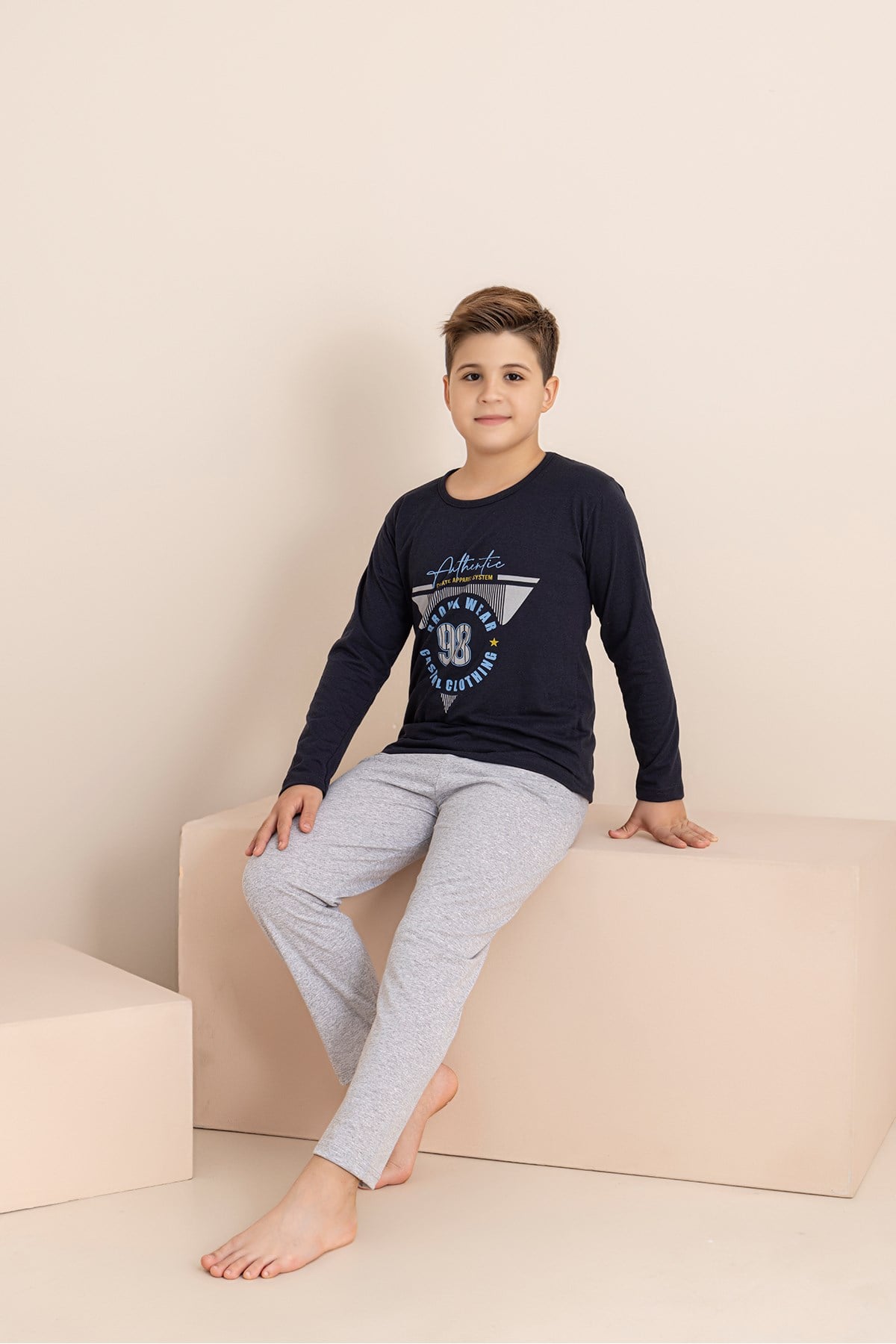 Erkek Çocuk Pijama Takımı Baskılı Uzun Kollu Üst Uzun Alt