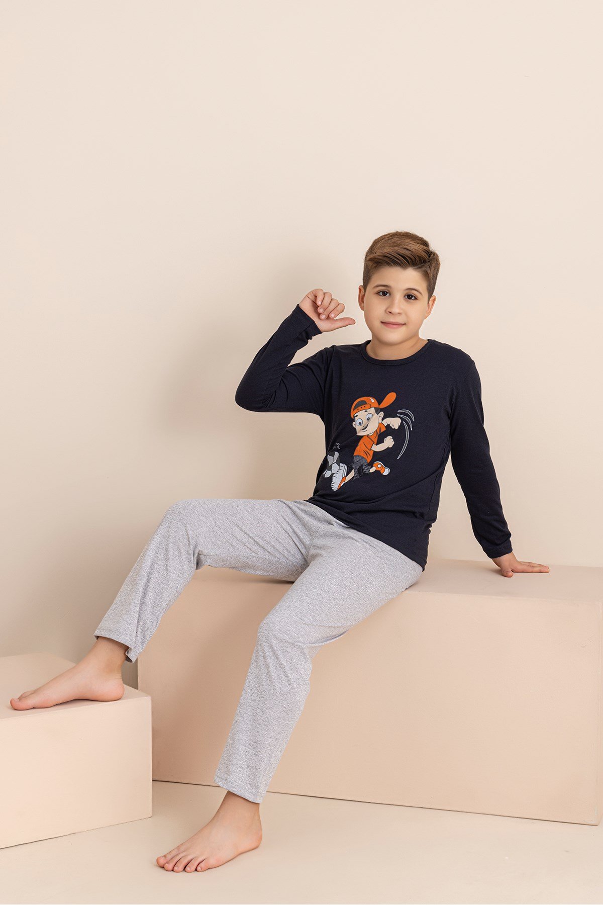 Erkek Çocuk Pijama Takımı Baskılı Uzun Kollu Üst Uzun Alt
