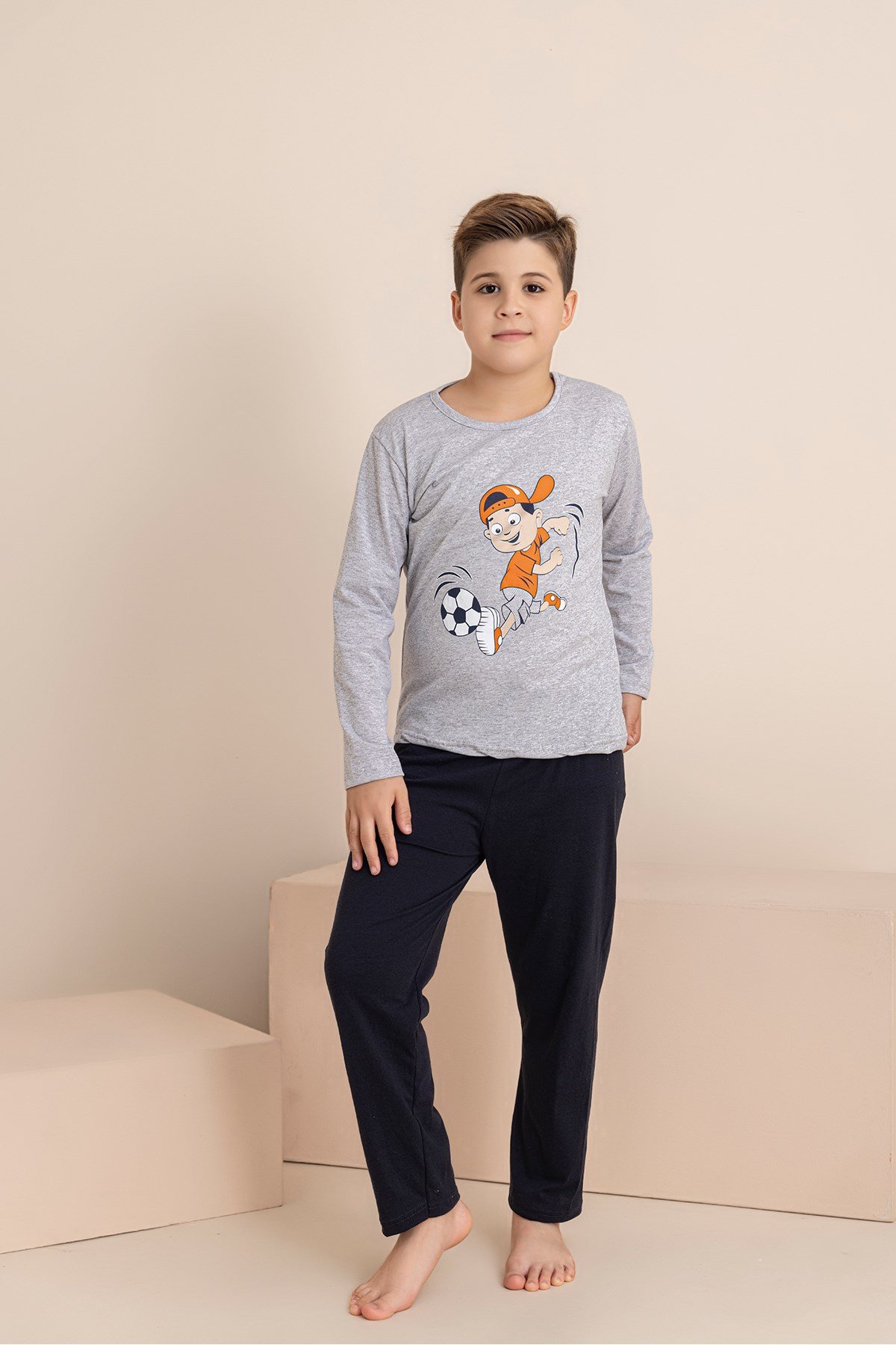 Erkek Çocuk Pijama Takımı Baskılı Uzun Kollu Üst Uzun Alt