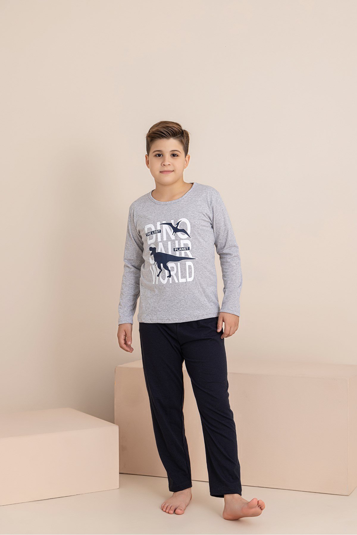 Erkek Çocuk Pijama Takımı Baskılı Uzun Kollu Üst Uzun Alt