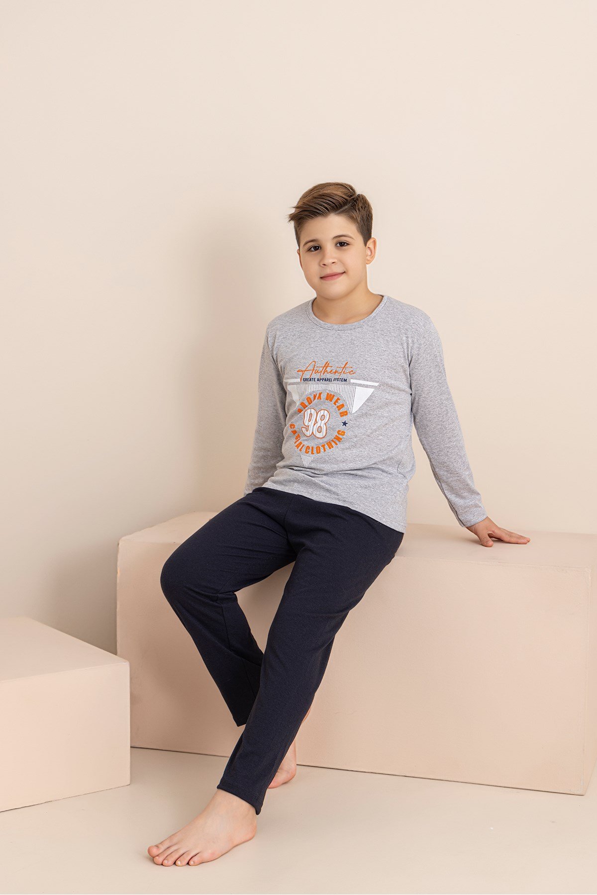 Erkek Çocuk Pijama Takımı Baskılı Uzun Kollu Üst Uzun Alt