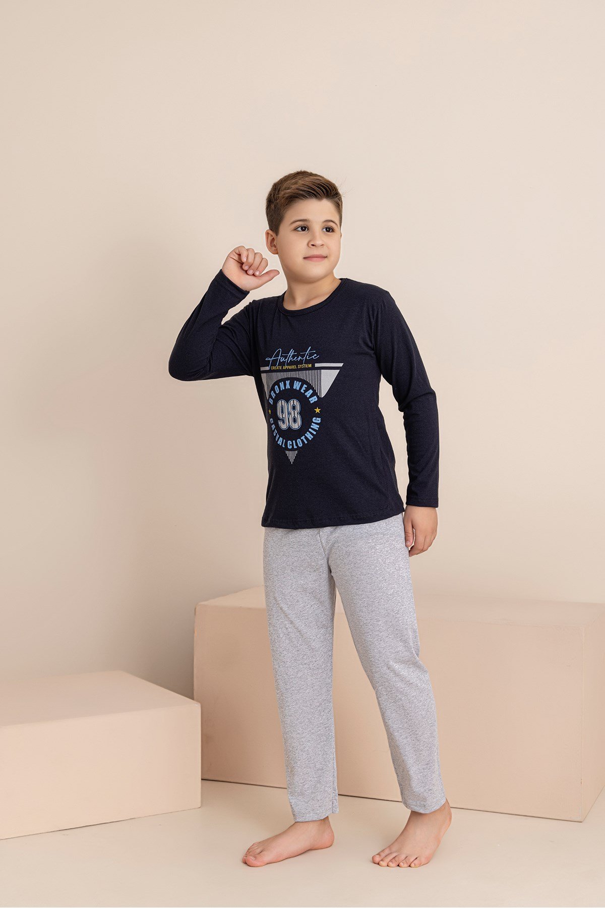 Erkek Çocuk Pijama Takımı Baskılı Uzun Kollu Üst Uzun Alt