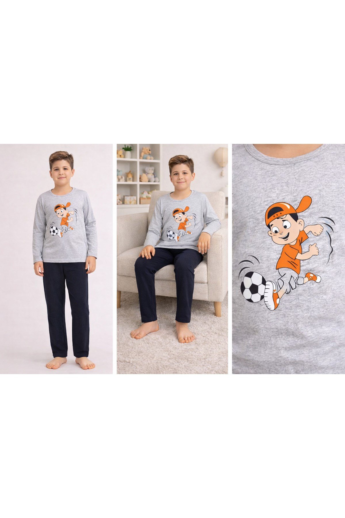 Erkek Çocuk Pijama Takımı Baskılı Uzun Kollu Üst Uzun Alt