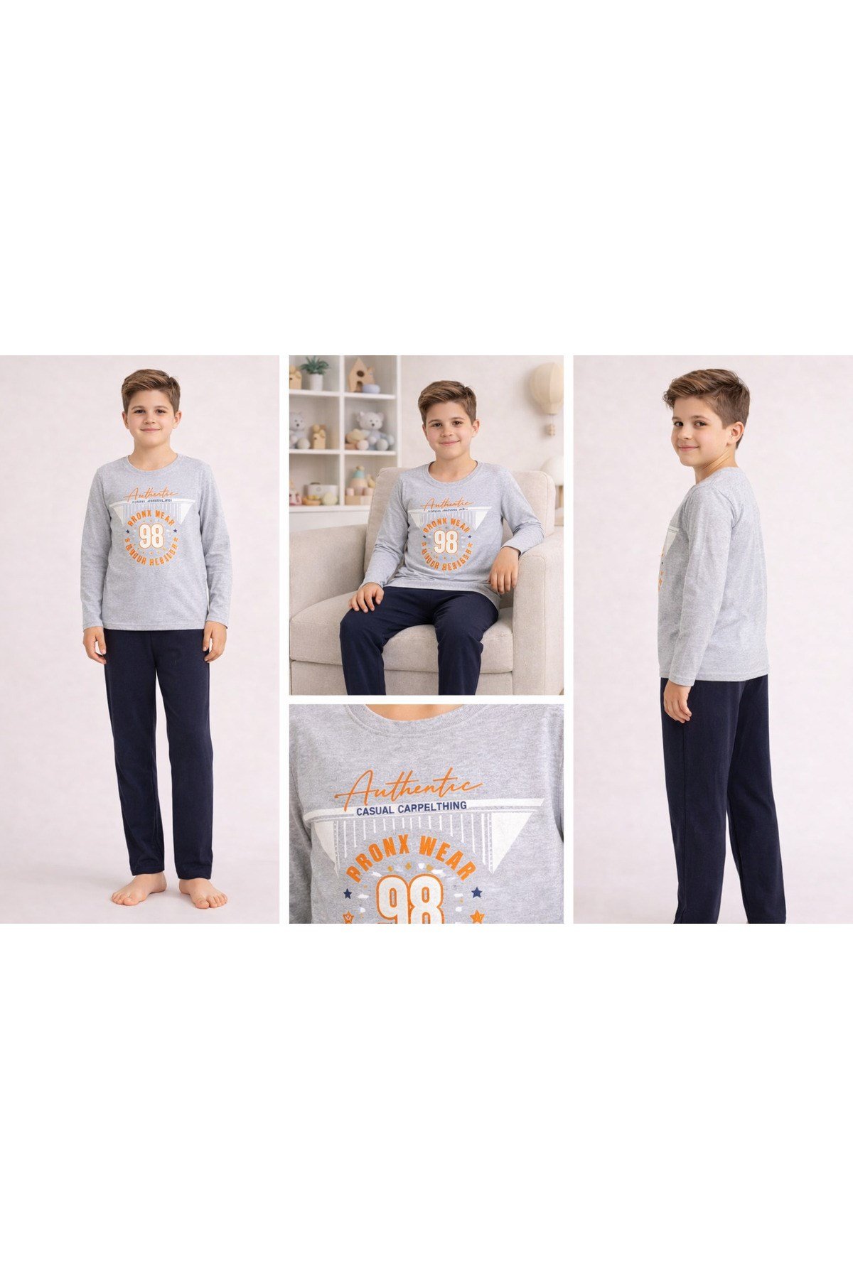 Erkek Çocuk Pijama Takımı Baskılı Uzun Kollu Üst Uzun Alt