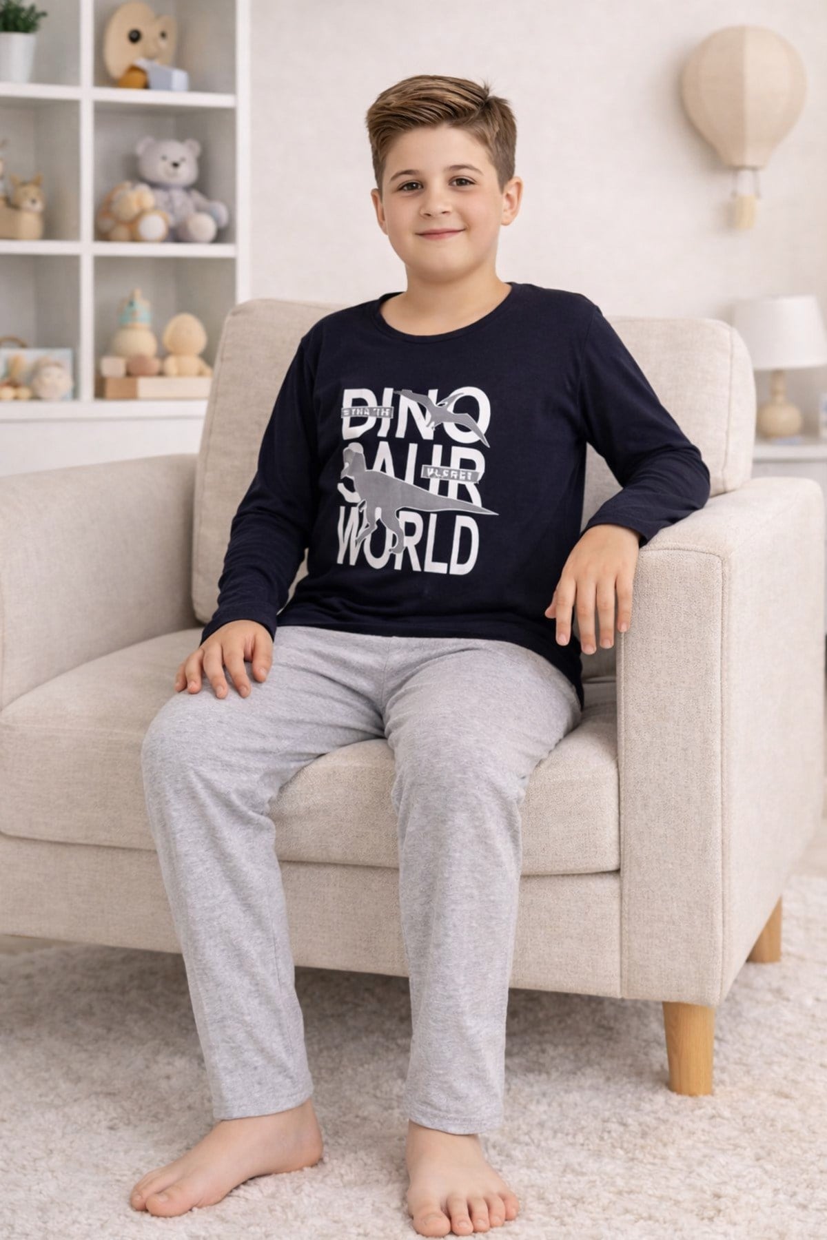 Erkek Çocuk Pijama Takımı Baskılı Uzun Kollu Üst Uzun Alt