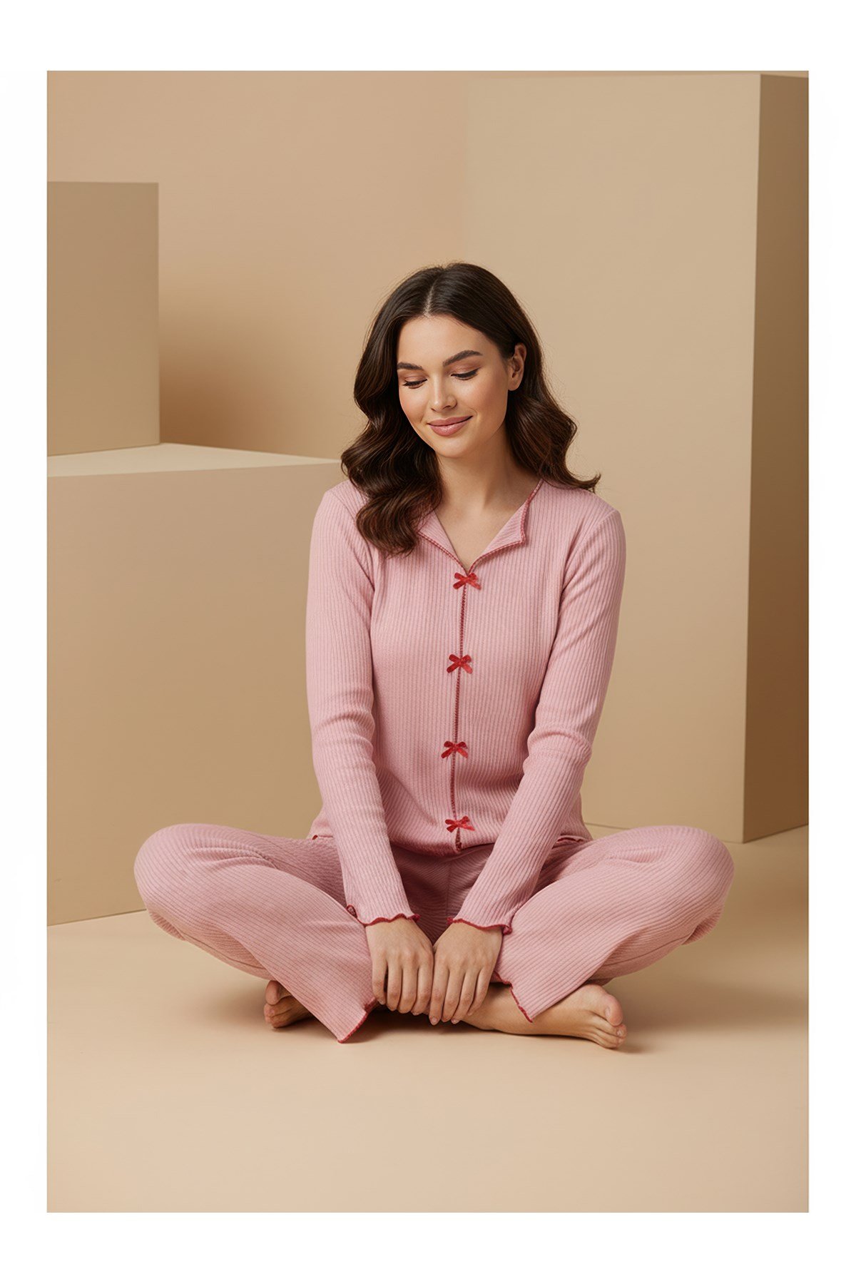 Fitilli Yumuşak Pamuklu Fiyonk Detaylı Uzun Kollu Kadın Pijama Takımı