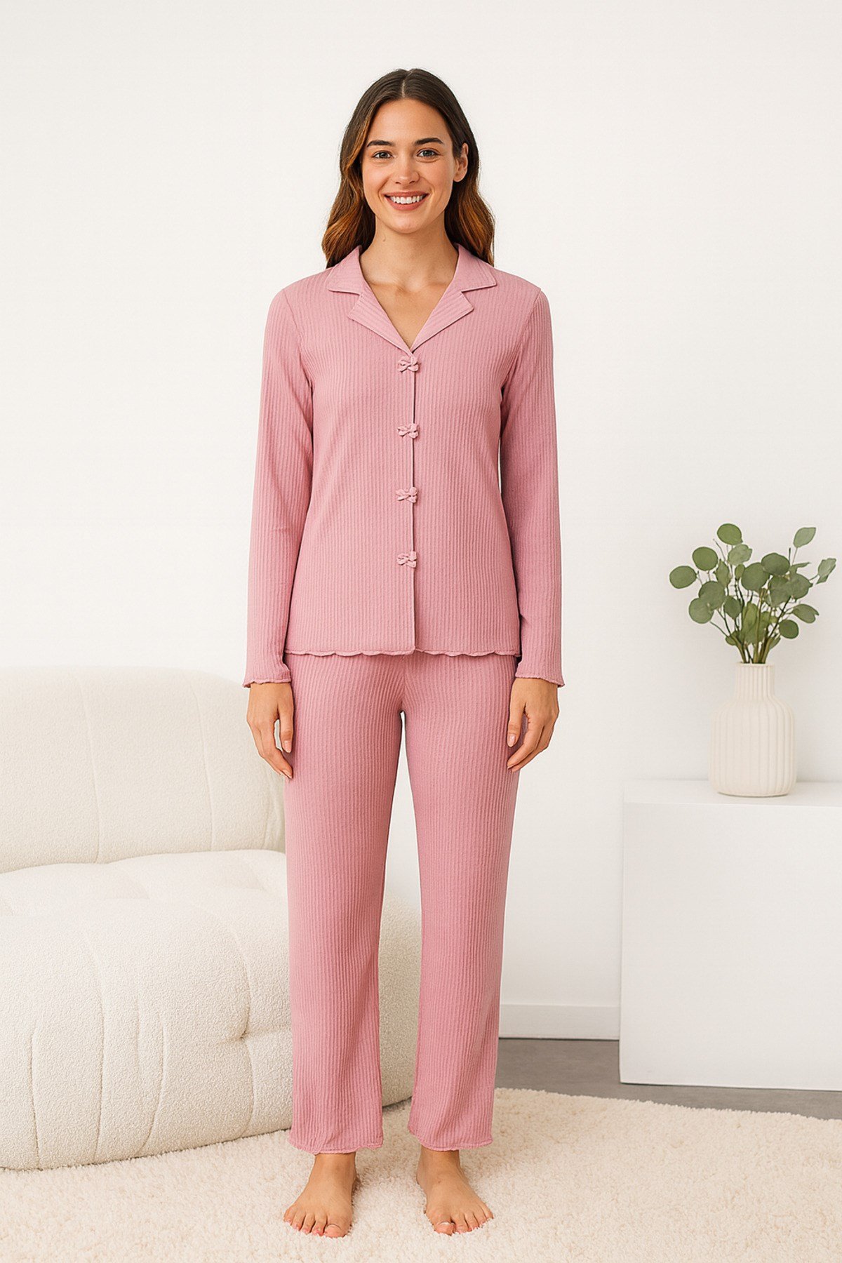 Fitilli Yumuşak Pamuklu Fiyonk Detaylı Uzun Kollu Kadın Pijama Takımı