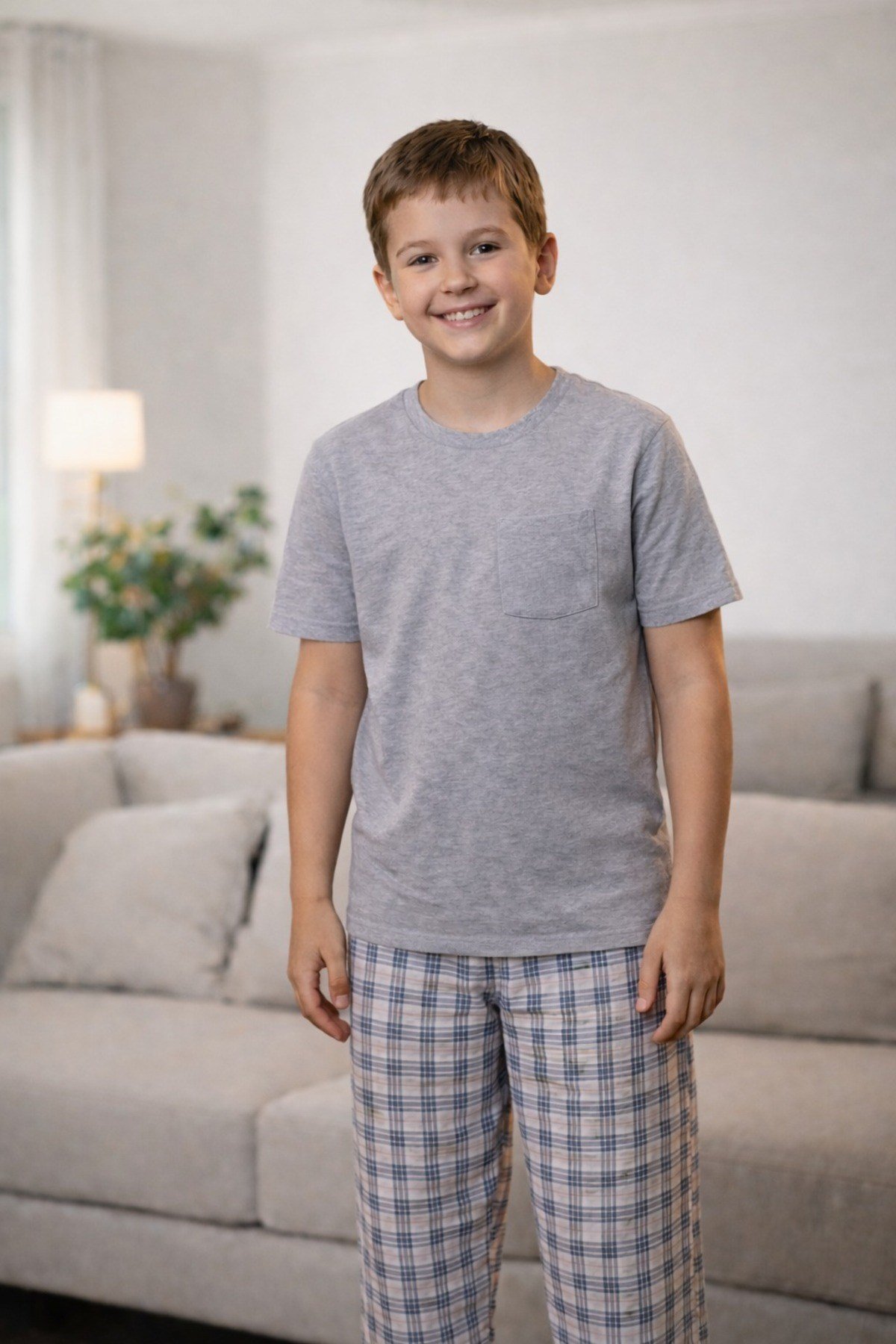 Gri Melanj Kısa Kol Baba-Oğul Cepli Pijama Takım