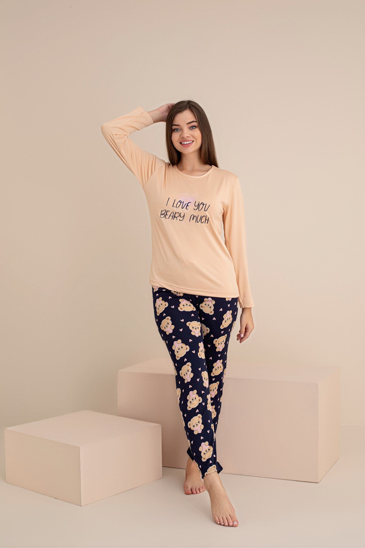 KADIN AYICIK BASKILI Milan Örme Uzun Kol Kadın Pijama Takımı