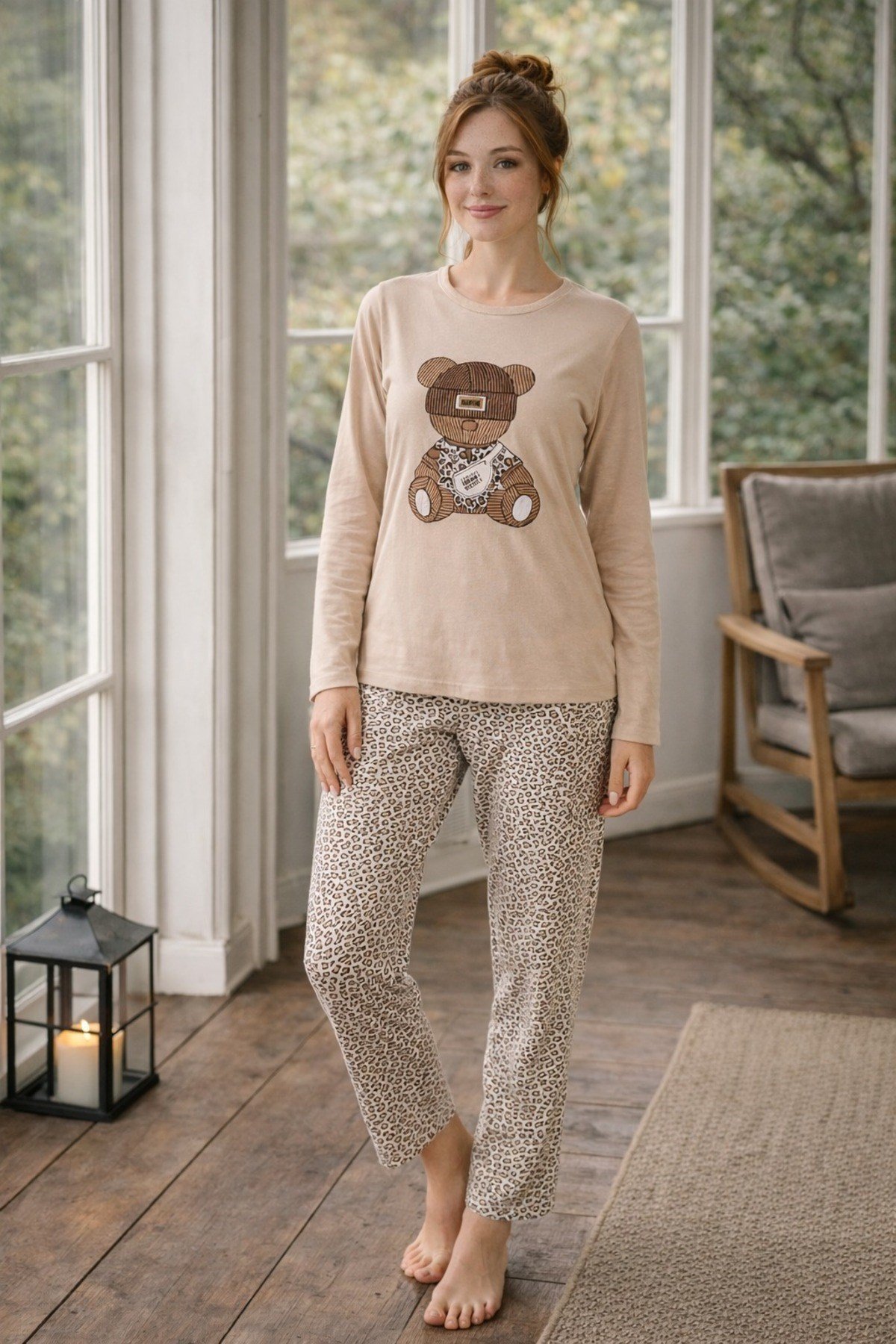 Kadın Ayıcık Baskılı Süprem Uzun Kol Pijama Takımı