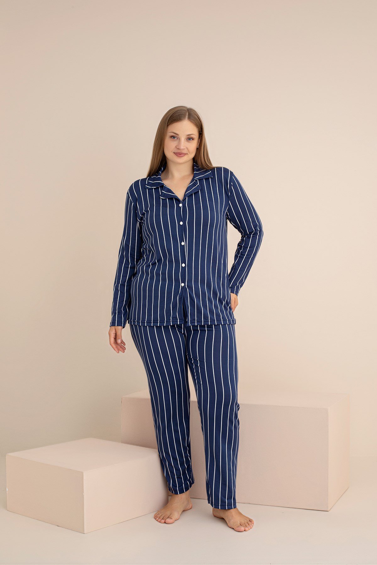 KADIN Buyuk Beden CİZGİLİ Milan Örme Uzun Kol Kadın Düğmeli Pijama Takımı