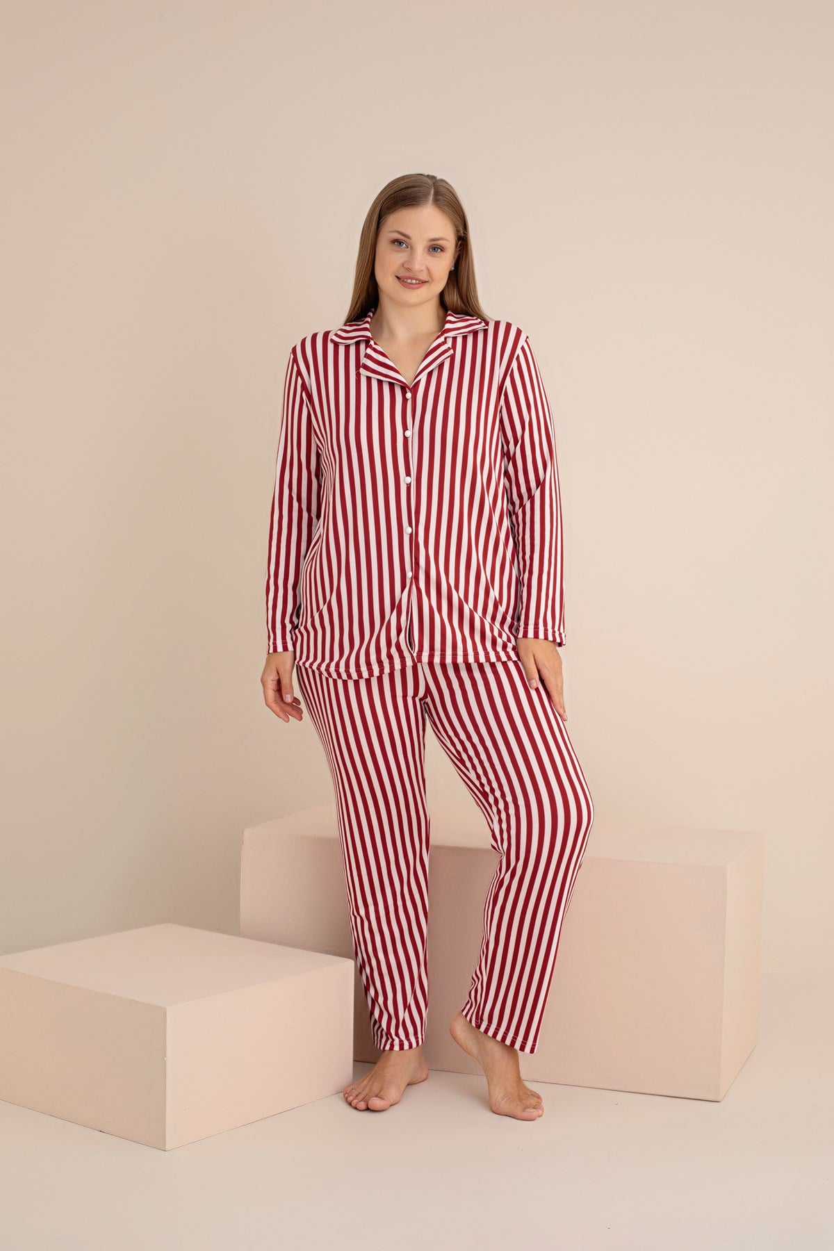 KADIN Buyuk Beden CİZGİLİ Milan Örme Uzun Kol Kadın Düğmeli Pijama Takımı