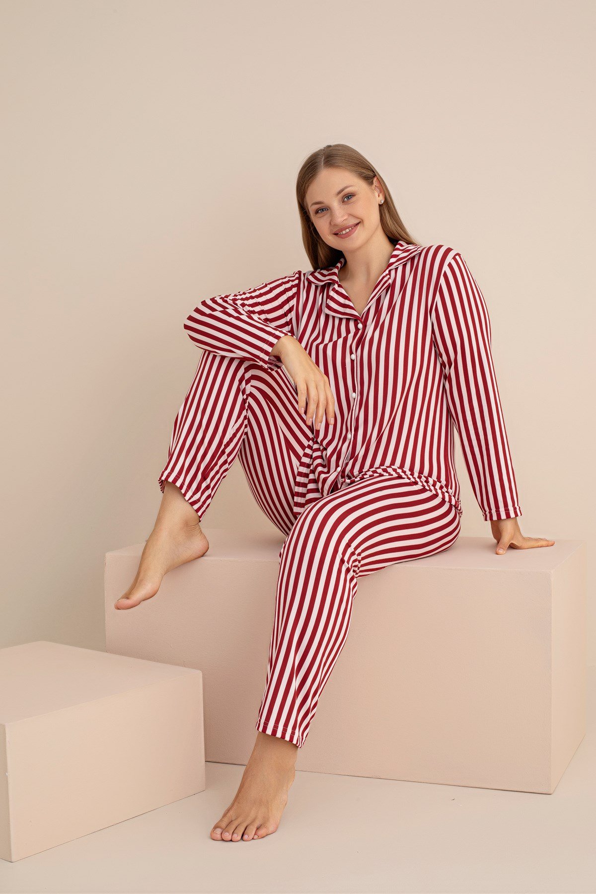 KADIN Buyuk Beden CİZGİLİ Milan Örme Uzun Kol Kadın Düğmeli Pijama Takımı